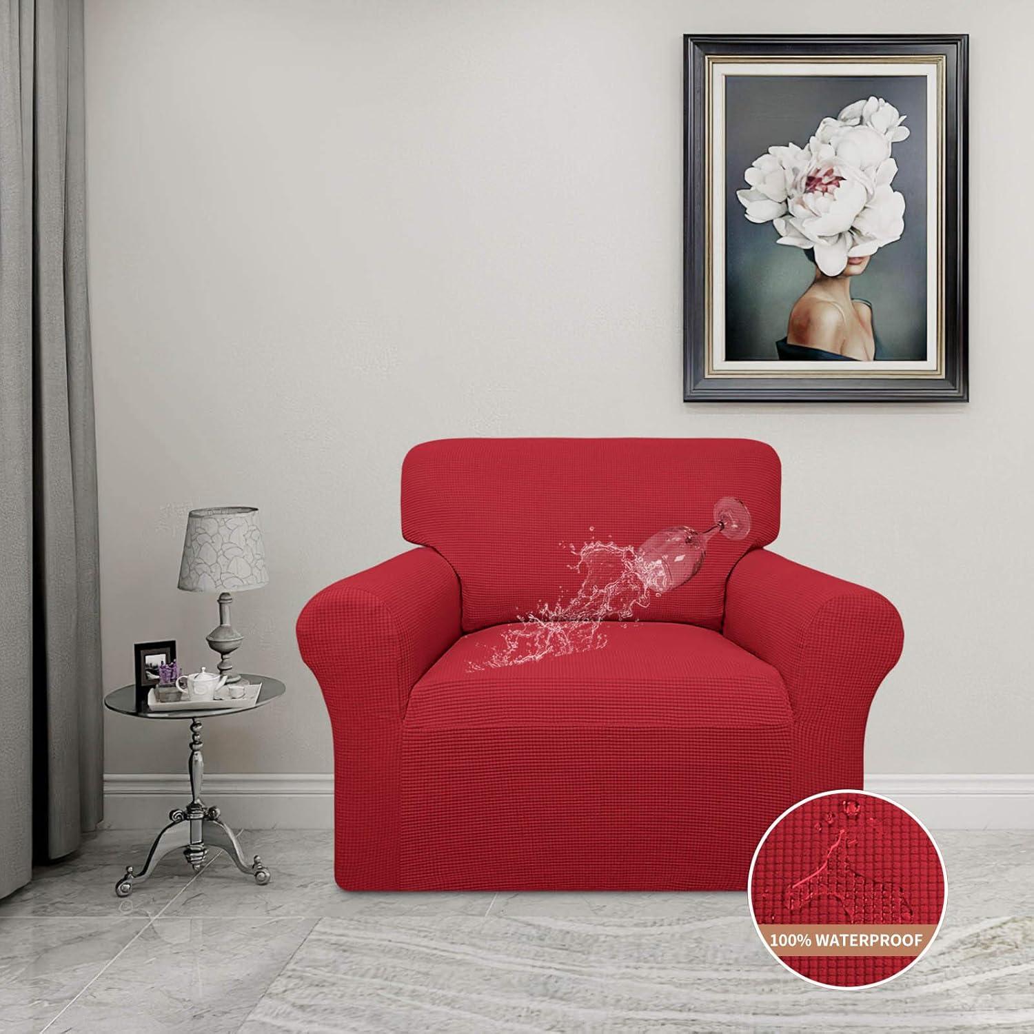 image:imageEasyGoing 100 Waterproof Chair Couch Cover Dual Waterproof Sofa Cover Stretch Jacquard Sofa Slipcover Leakproof Furniture Protector for Kids Pets Dog and Cat Chair ChocolateChristmas Red