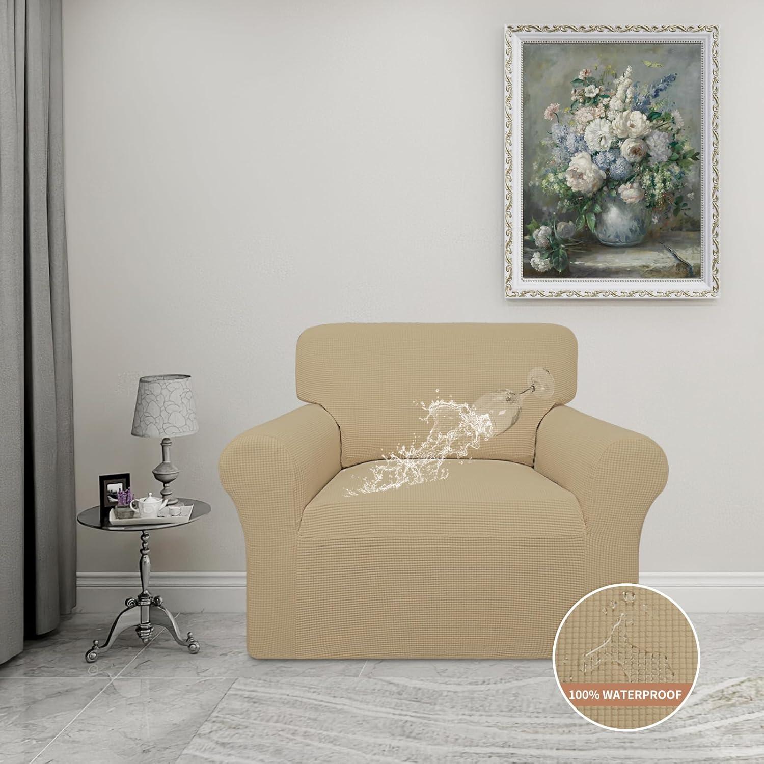 image:imageEasyGoing 100 Waterproof Chair Couch Cover Dual Waterproof Sofa Cover Stretch Jacquard Sofa Slipcover Leakproof Furniture Protector for Kids Pets Dog and Cat Chair ChocolateSand