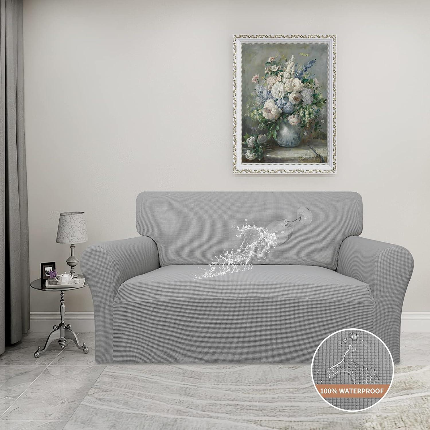 image:imageEasyGoing 100 Waterproof Chair Couch Cover Dual Waterproof Sofa Cover Stretch Jacquard Sofa Slipcover Leakproof Furniture Protector for Kids Pets Dog and Cat Chair ChocolateLight Gray