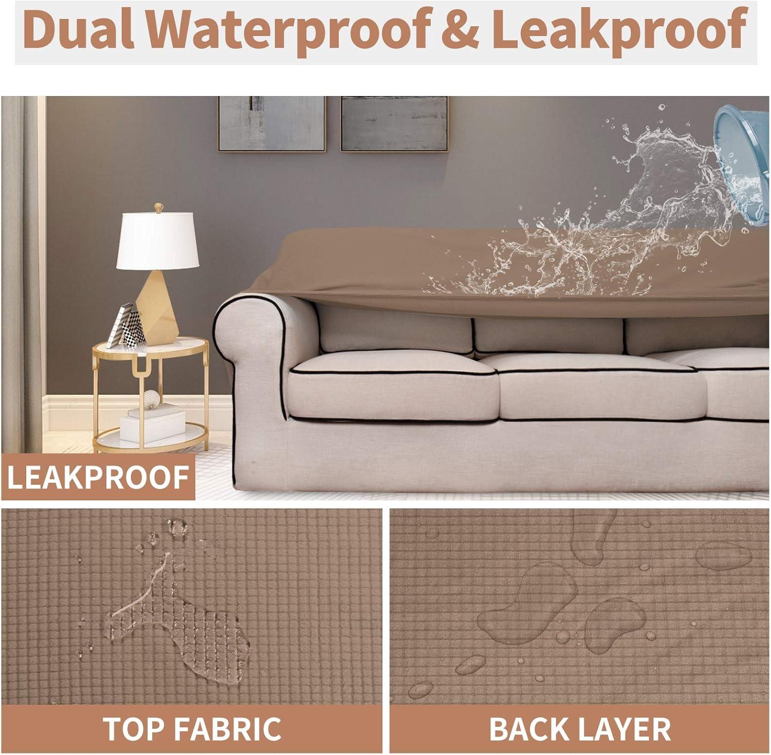 image:imageEasyGoing 100 Waterproof Chair Couch Cover Dual Waterproof Sofa Cover Stretch Jacquard Sofa Slipcover Leakproof Furniture Protector for Kids Pets Dog and Cat Chair ChocolateCamel