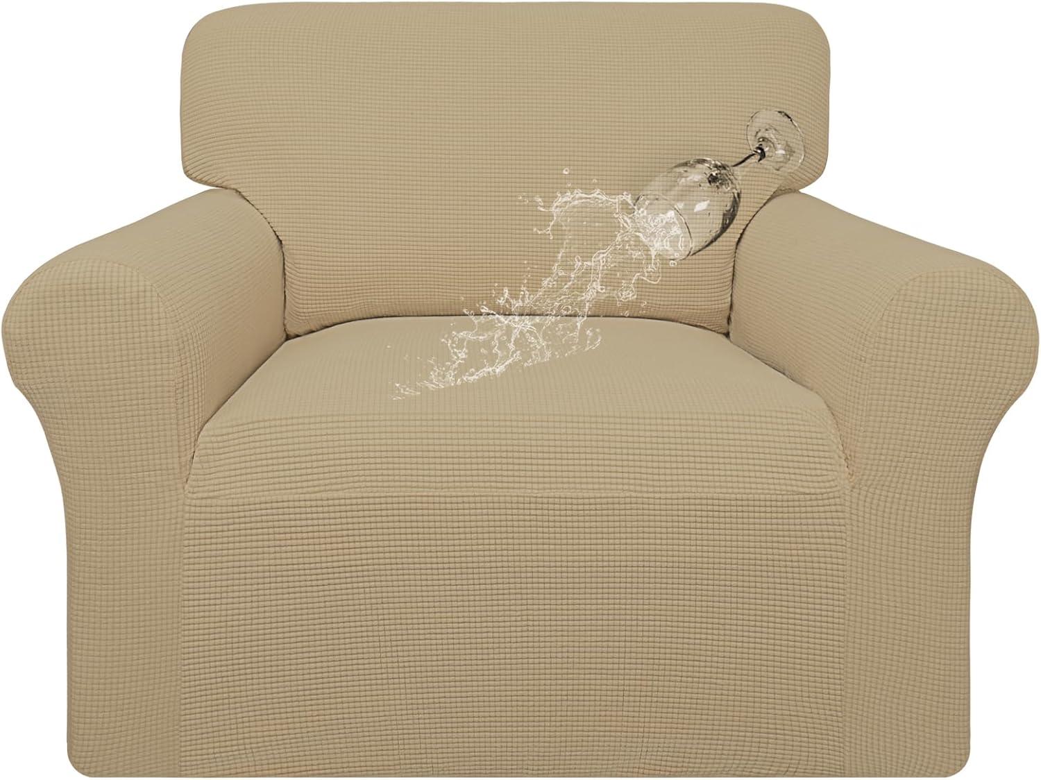 image:imageEasyGoing 100 Waterproof Chair Couch Cover Dual Waterproof Sofa Cover Stretch Jacquard Sofa Slipcover Leakproof Furniture Protector for Kids Pets Dog and Cat Chair ChocolateSand