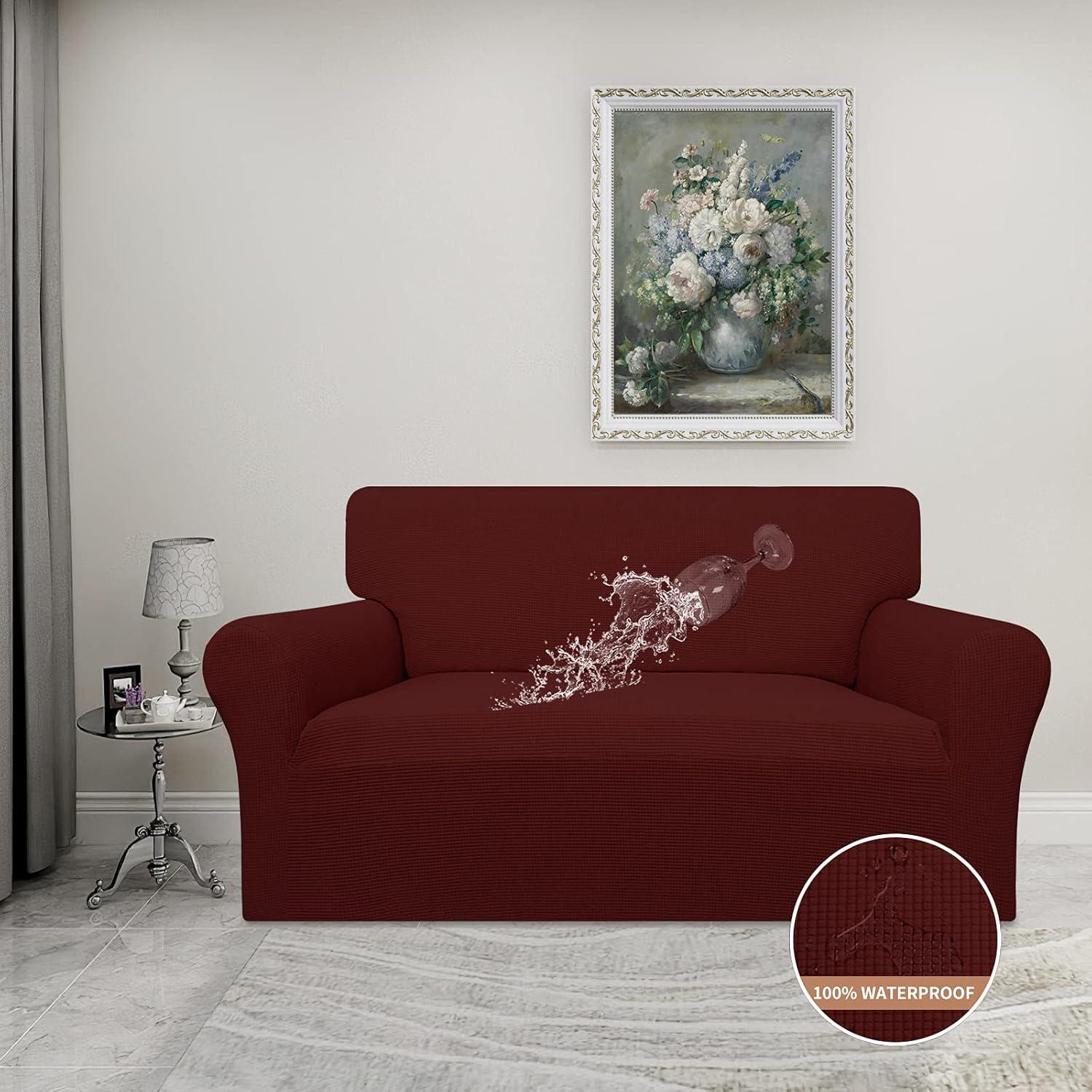 image:imageEasyGoing 100 Waterproof Chair Couch Cover Dual Waterproof Sofa Cover Stretch Jacquard Sofa Slipcover Leakproof Furniture Protector for Kids Pets Dog and Cat Chair ChocolateWine
