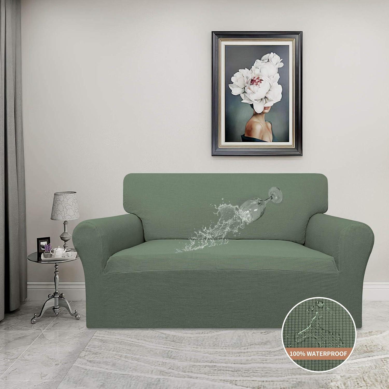 image:imageEasyGoing 100 Waterproof Chair Couch Cover Dual Waterproof Sofa Cover Stretch Jacquard Sofa Slipcover Leakproof Furniture Protector for Kids Pets Dog and Cat Chair ChocolateGrayish Green