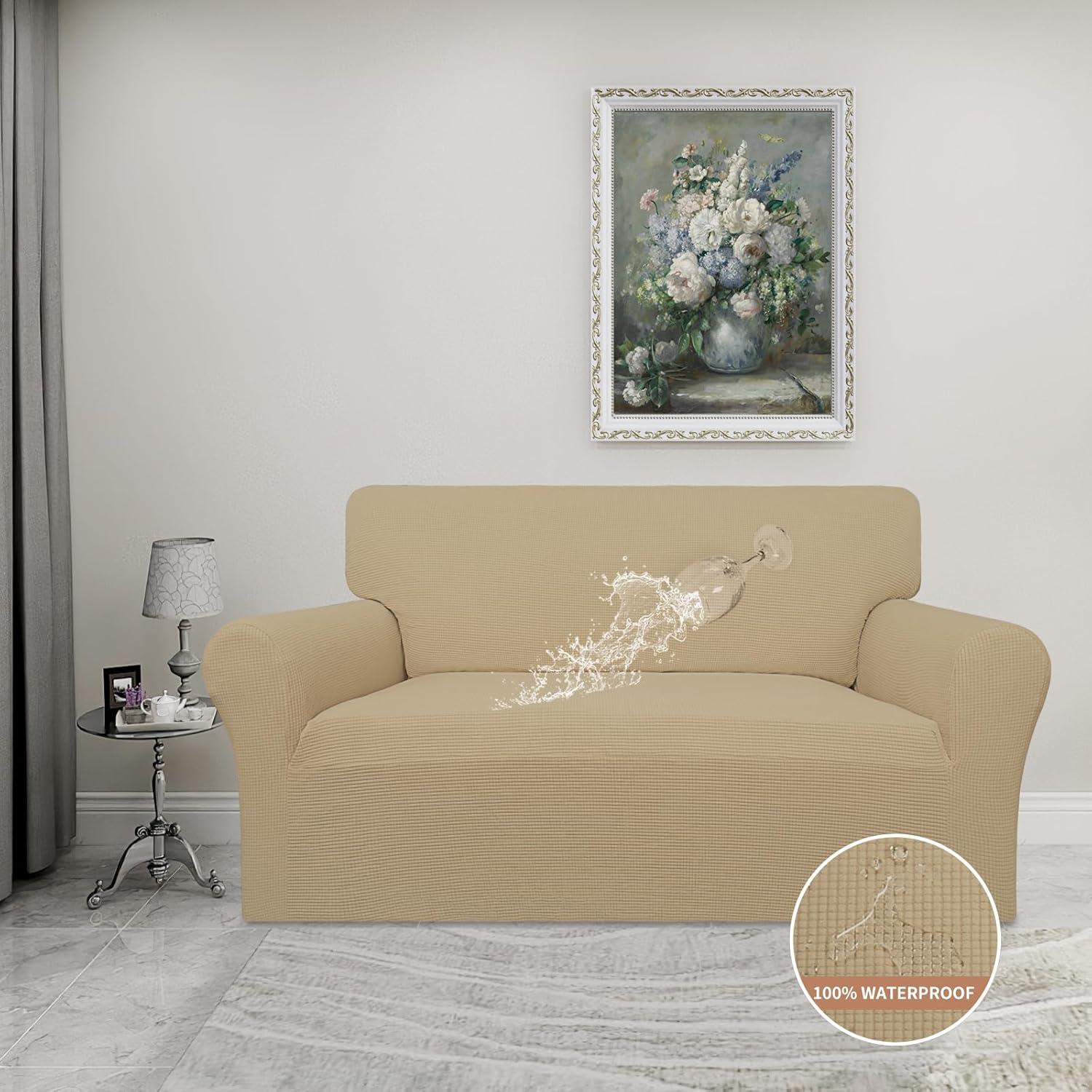image:imageEasyGoing 100 Waterproof Chair Couch Cover Dual Waterproof Sofa Cover Stretch Jacquard Sofa Slipcover Leakproof Furniture Protector for Kids Pets Dog and Cat Chair ChocolateSand
