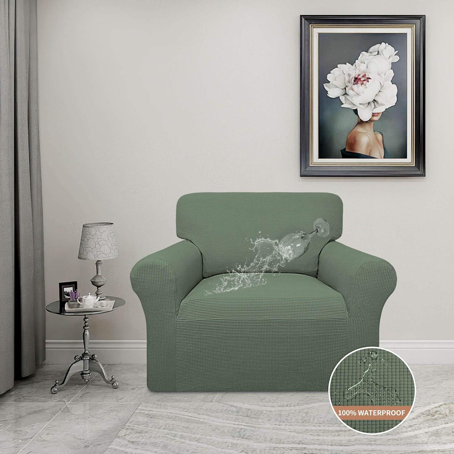 image:imageEasyGoing 100 Waterproof Chair Couch Cover Dual Waterproof Sofa Cover Stretch Jacquard Sofa Slipcover Leakproof Furniture Protector for Kids Pets Dog and Cat Chair ChocolateGrayish Green