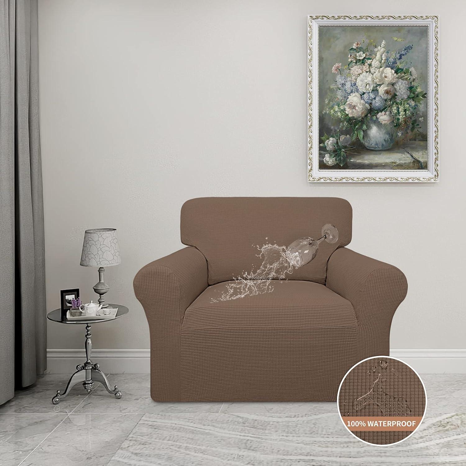 image:imageEasyGoing 100 Waterproof Chair Couch Cover Dual Waterproof Sofa Cover Stretch Jacquard Sofa Slipcover Leakproof Furniture Protector for Kids Pets Dog and Cat Chair ChocolateBrown