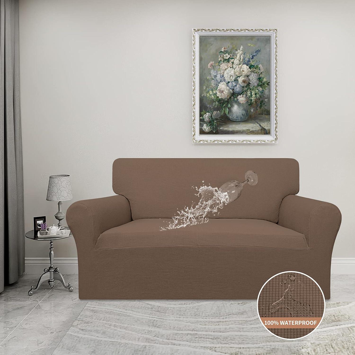 image:imageEasyGoing 100 Waterproof Chair Couch Cover Dual Waterproof Sofa Cover Stretch Jacquard Sofa Slipcover Leakproof Furniture Protector for Kids Pets Dog and Cat Chair ChocolateBrown