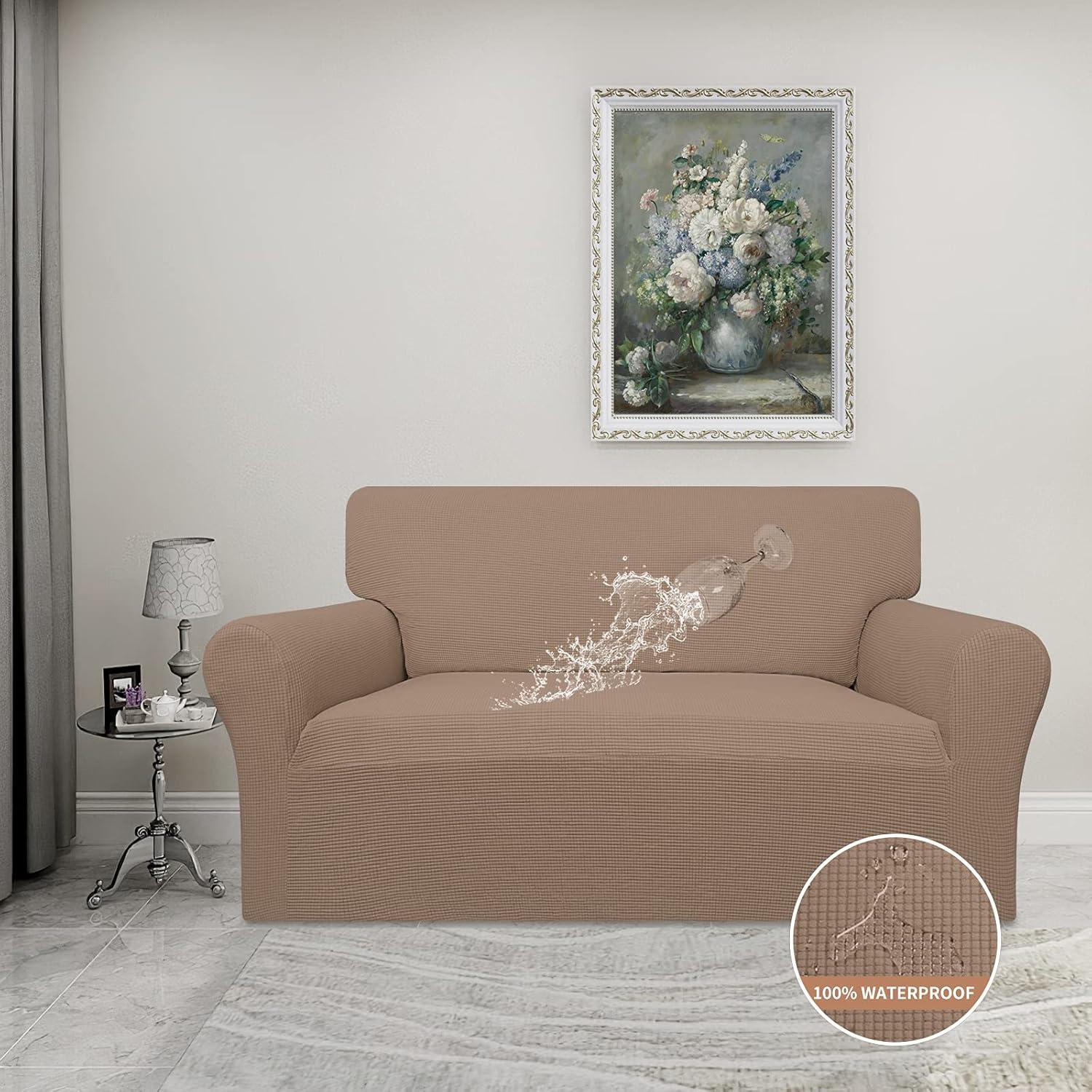 image:imageEasyGoing 100 Waterproof Chair Couch Cover Dual Waterproof Sofa Cover Stretch Jacquard Sofa Slipcover Leakproof Furniture Protector for Kids Pets Dog and Cat Chair ChocolateCamel