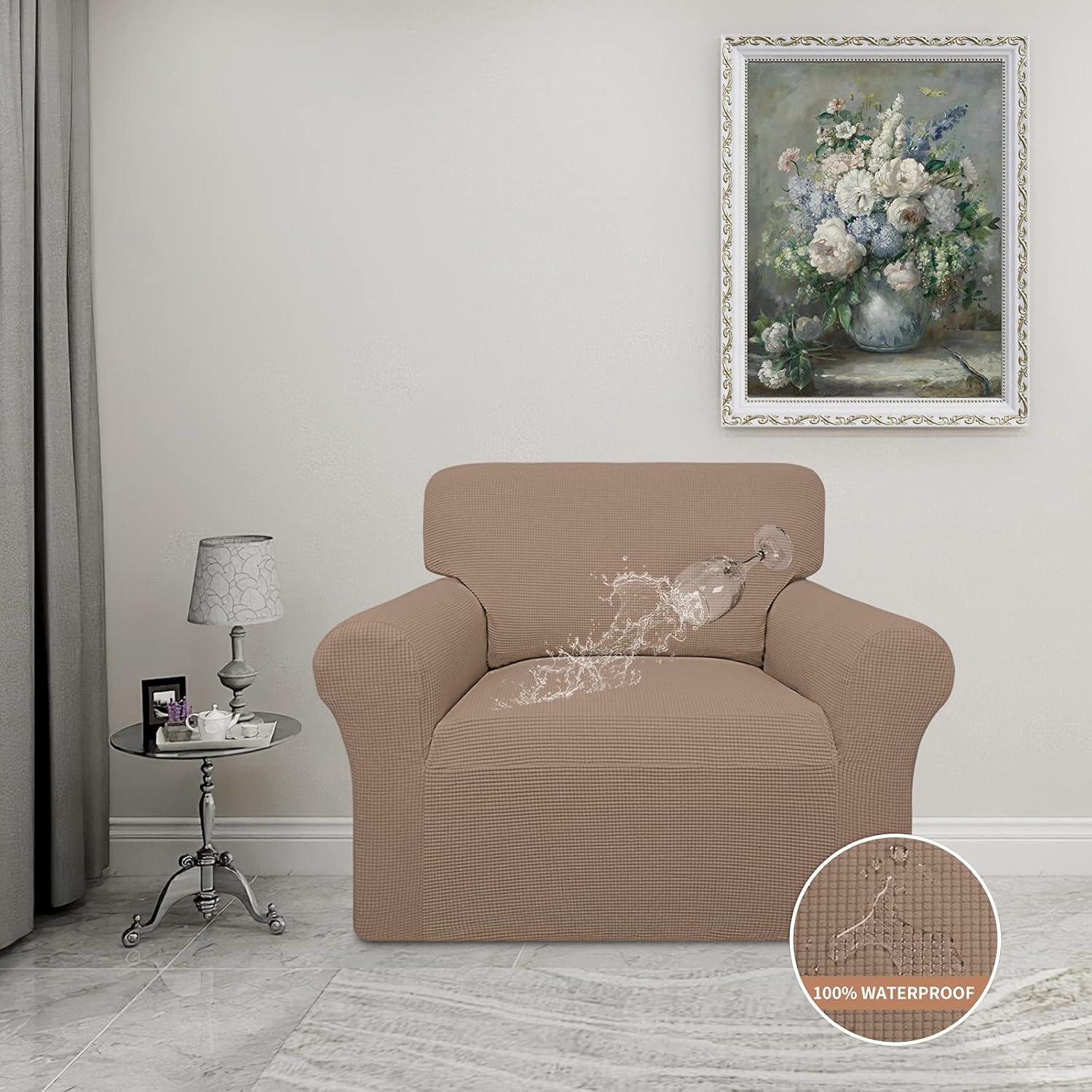 image:imageEasyGoing 100 Waterproof Chair Couch Cover Dual Waterproof Sofa Cover Stretch Jacquard Sofa Slipcover Leakproof Furniture Protector for Kids Pets Dog and Cat Chair ChocolateCamel