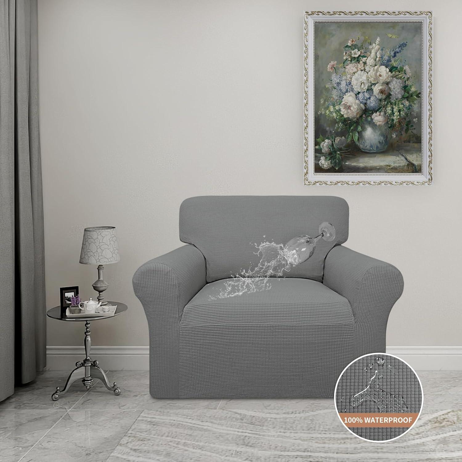 image:imageEasyGoing 100 Waterproof Chair Couch Cover Dual Waterproof Sofa Cover Stretch Jacquard Sofa Slipcover Leakproof Furniture Protector for Kids Pets Dog and Cat Chair ChocolateGrey