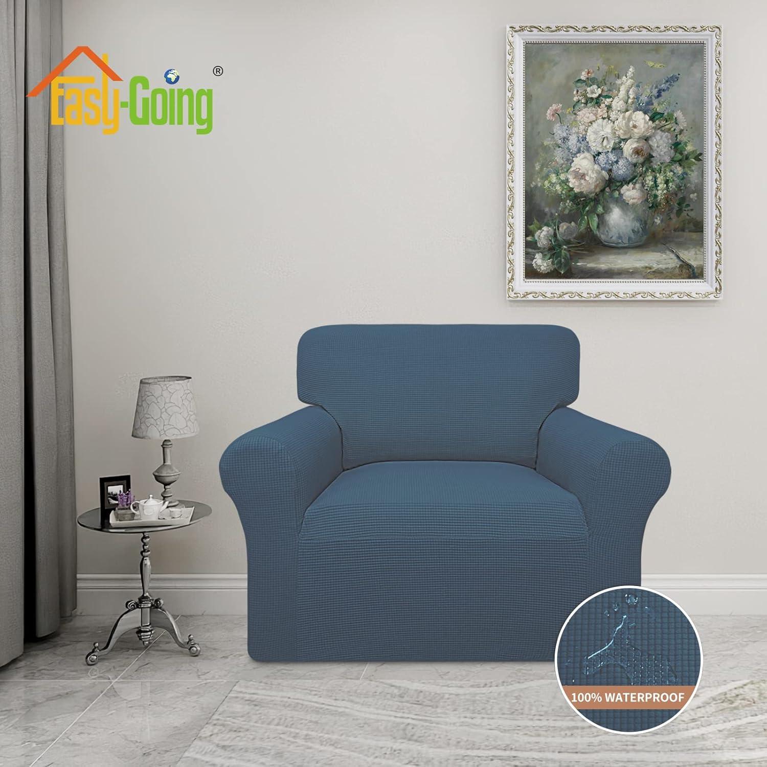image:imageEasyGoing 100 Waterproof Chair Couch Cover Dual Waterproof Sofa Cover Stretch Jacquard Sofa Slipcover Leakproof Furniture Protector for Kids Pets Dog and Cat Chair ChocolateBluestone