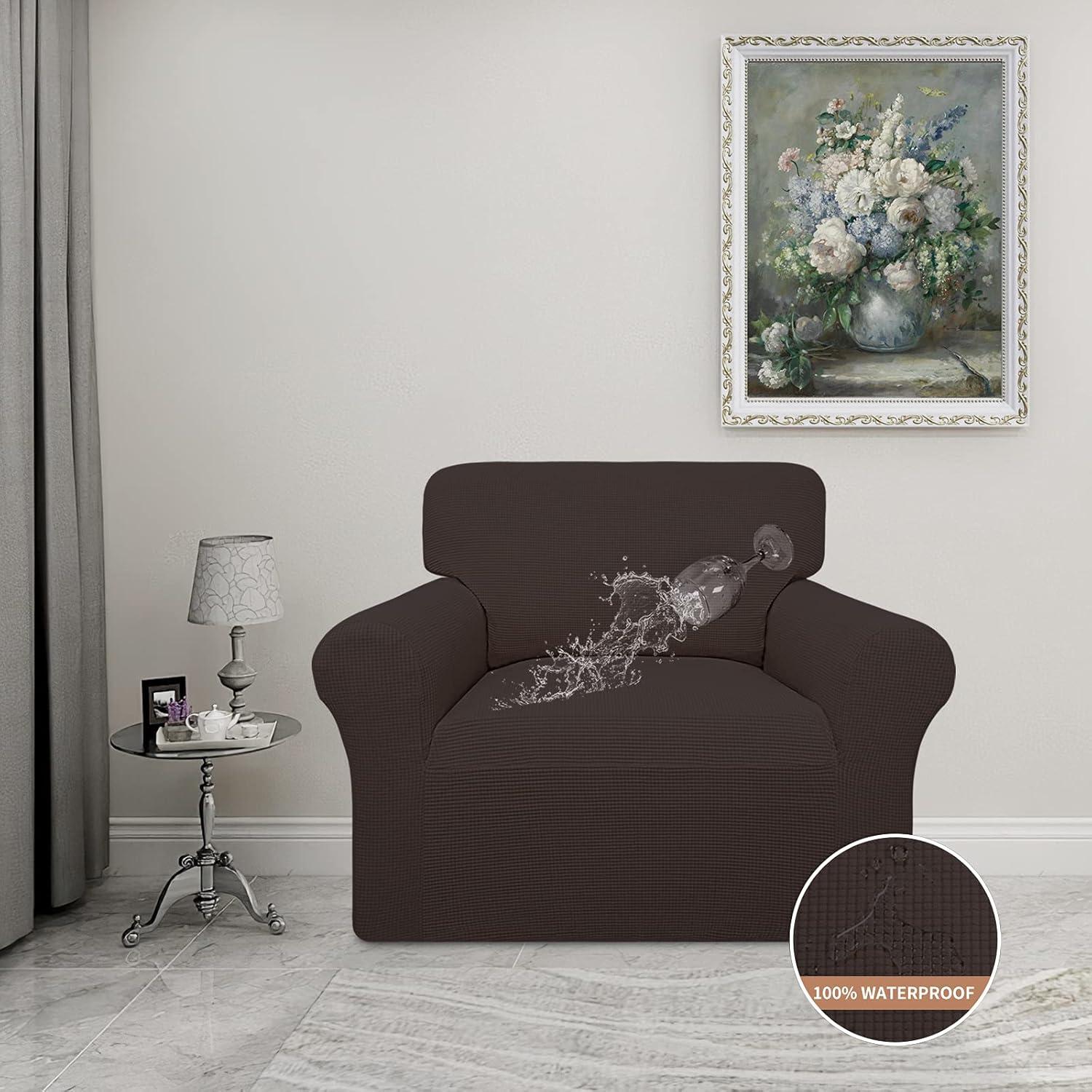 image:imageEasyGoing 100 Waterproof Chair Couch Cover Dual Waterproof Sofa Cover Stretch Jacquard Sofa Slipcover Leakproof Furniture Protector for Kids Pets Dog and Cat Chair ChocolateChocolate