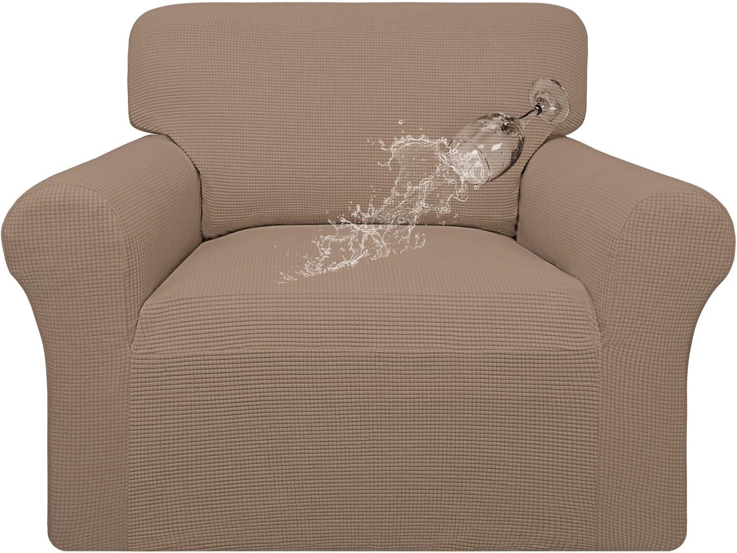 image:imageEasyGoing 100 Waterproof Chair Couch Cover Dual Waterproof Sofa Cover Stretch Jacquard Sofa Slipcover Leakproof Furniture Protector for Kids Pets Dog and Cat Chair ChocolateCamel