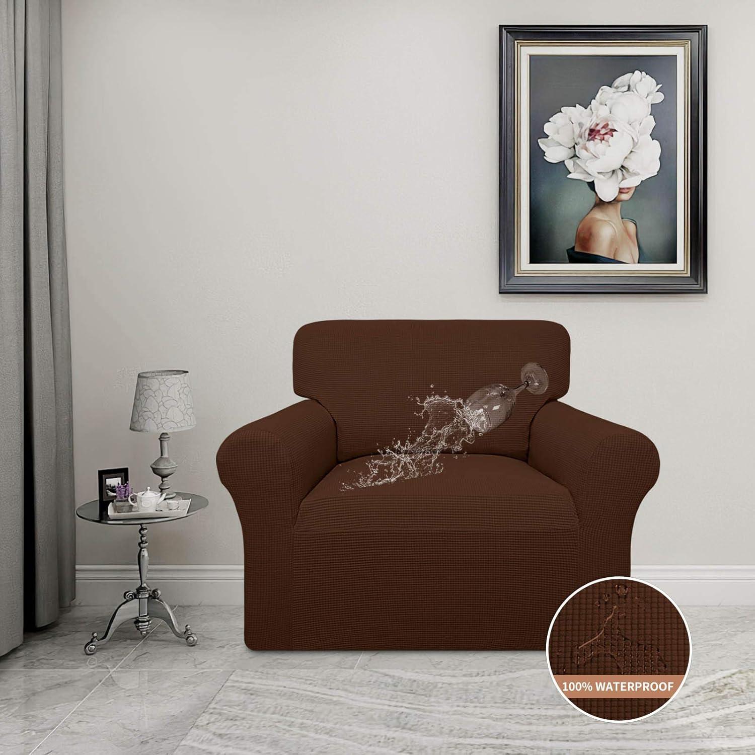 image:imageEasyGoing 100 Waterproof Chair Couch Cover Dual Waterproof Sofa Cover Stretch Jacquard Sofa Slipcover Leakproof Furniture Protector for Kids Pets Dog and Cat Chair ChocolateCoffee