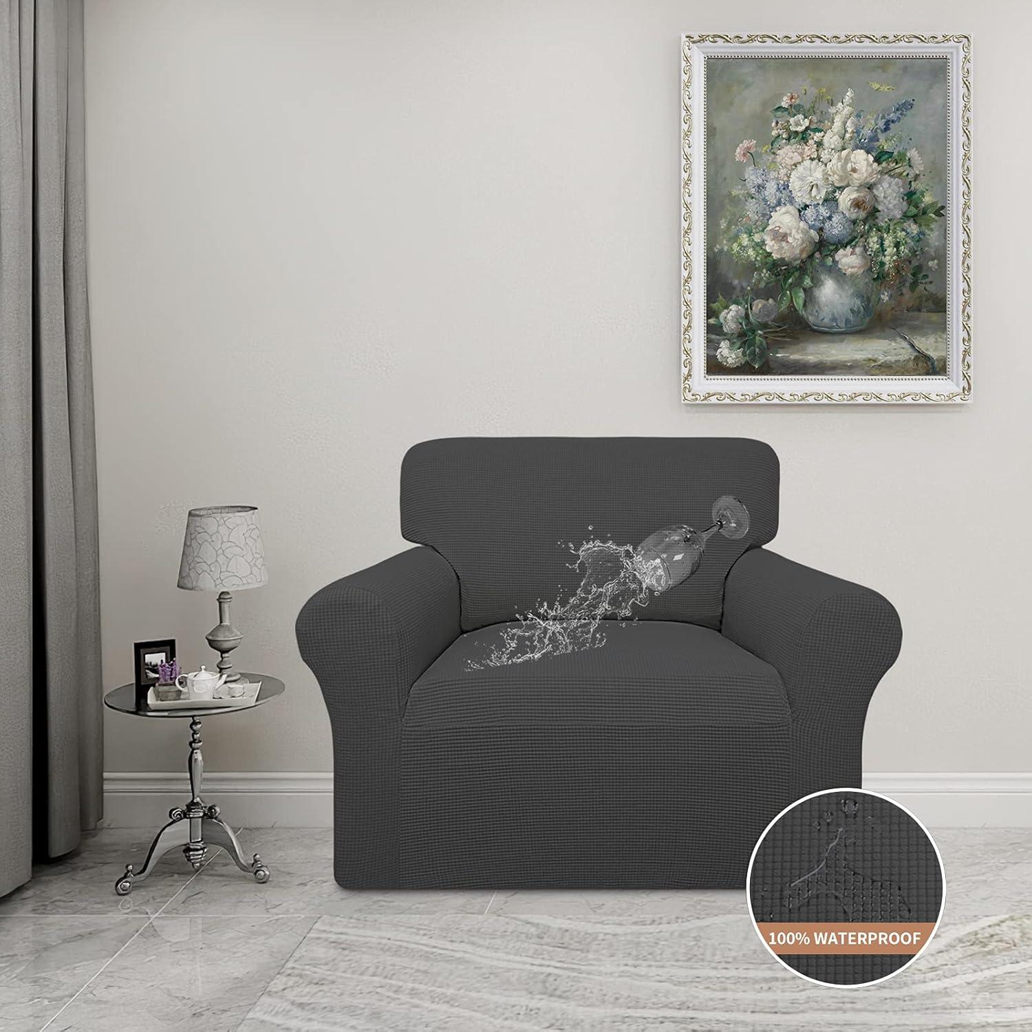 image:imageEasyGoing 100 Waterproof Chair Couch Cover Dual Waterproof Sofa Cover Stretch Jacquard Sofa Slipcover Leakproof Furniture Protector for Kids Pets Dog and Cat Chair ChocolateDark Gray