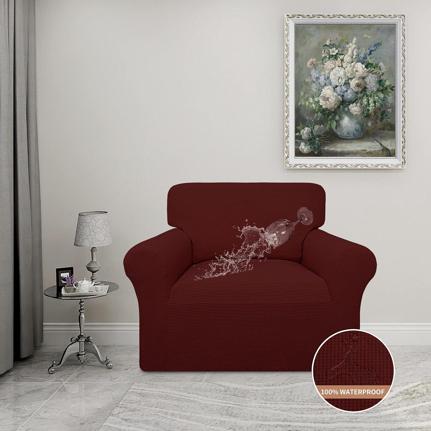 image:imageEasyGoing 100 Waterproof Chair Couch Cover Dual Waterproof Sofa Cover Stretch Jacquard Sofa Slipcover Leakproof Furniture Protector for Kids Pets Dog and Cat Chair ChocolateWine