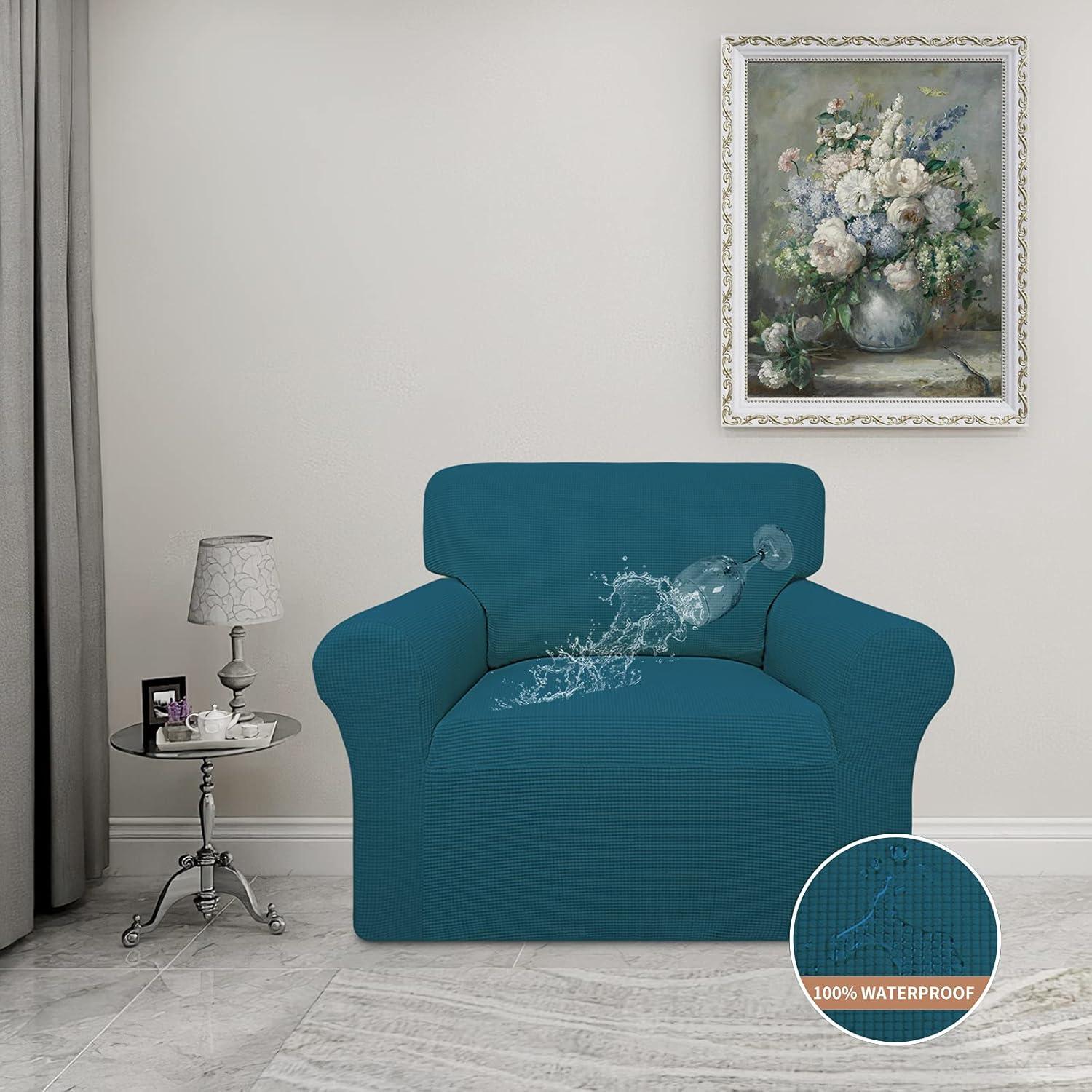 image:imageEasyGoing 100 Waterproof Chair Couch Cover Dual Waterproof Sofa Cover Stretch Jacquard Sofa Slipcover Leakproof Furniture Protector for Kids Pets Dog and Cat Chair ChocolatePeacock Blue