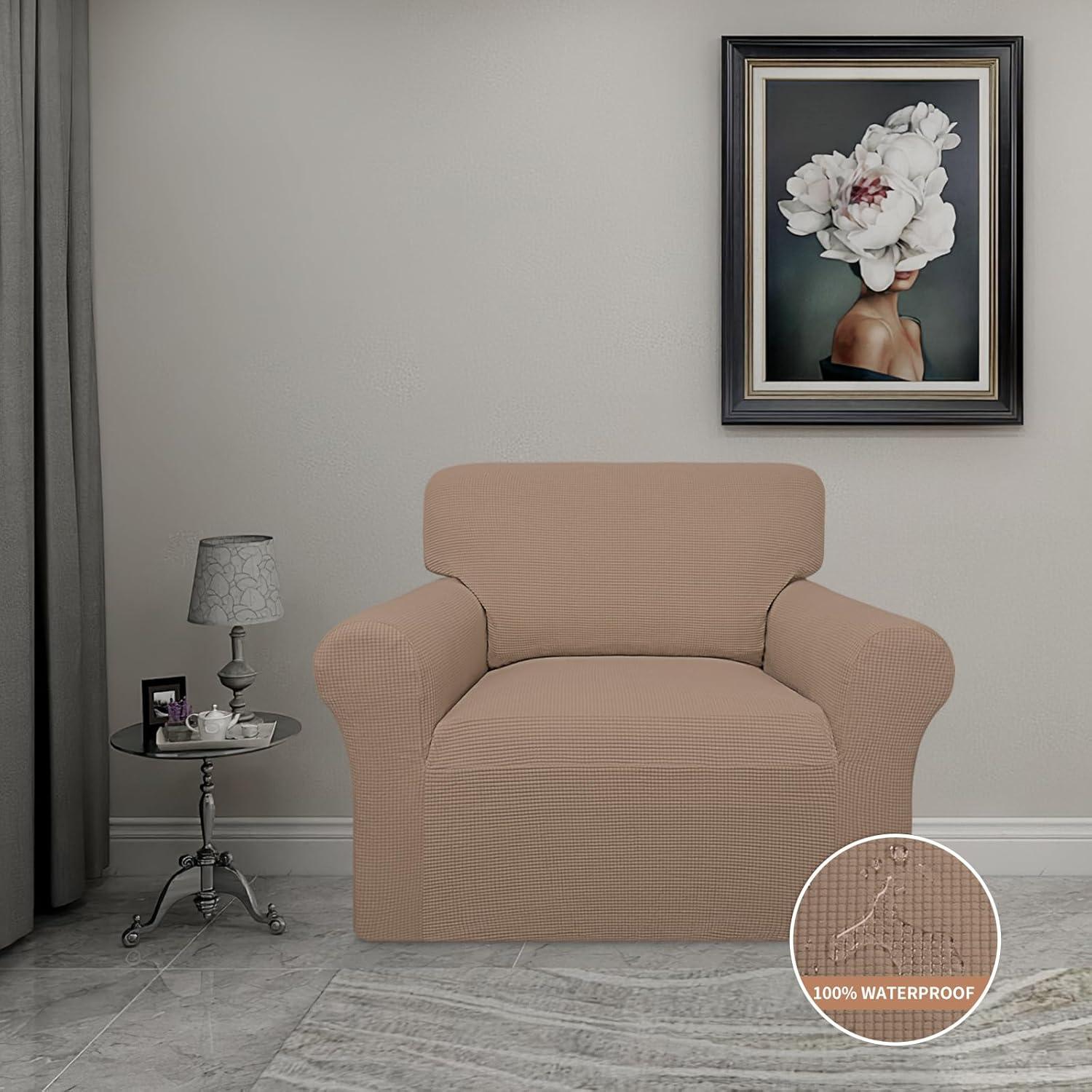 image:imageEasyGoing 100 Waterproof Chair Couch Cover Dual Waterproof Sofa Cover Stretch Jacquard Sofa Slipcover Leakproof Furniture Protector for Kids Pets Dog and Cat Chair ChocolateCamel