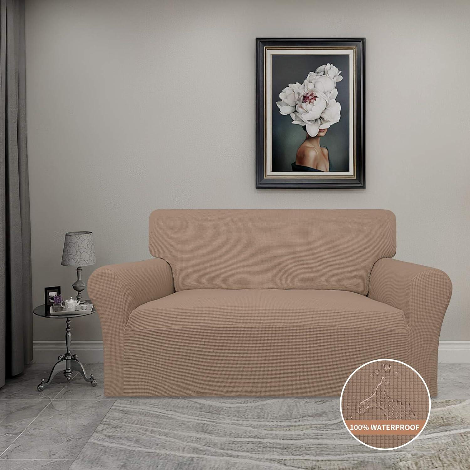 image:imageEasyGoing 100 Waterproof Chair Couch Cover Dual Waterproof Sofa Cover Stretch Jacquard Sofa Slipcover Leakproof Furniture Protector for Kids Pets Dog and Cat Chair ChocolateCamel