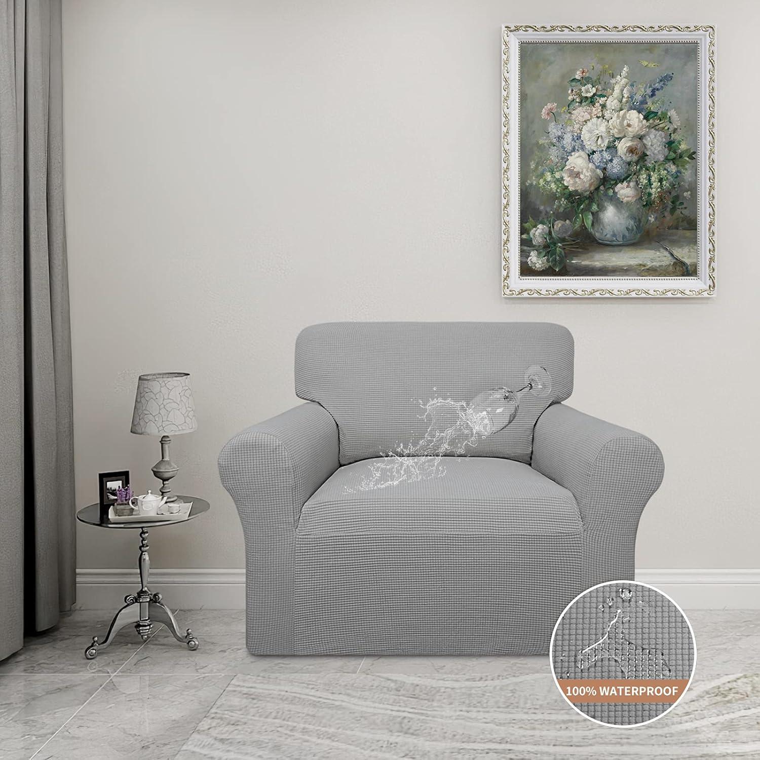 image:imageEasyGoing 100 Waterproof Chair Couch Cover Dual Waterproof Sofa Cover Stretch Jacquard Sofa Slipcover Leakproof Furniture Protector for Kids Pets Dog and Cat Chair ChocolateLight Gray