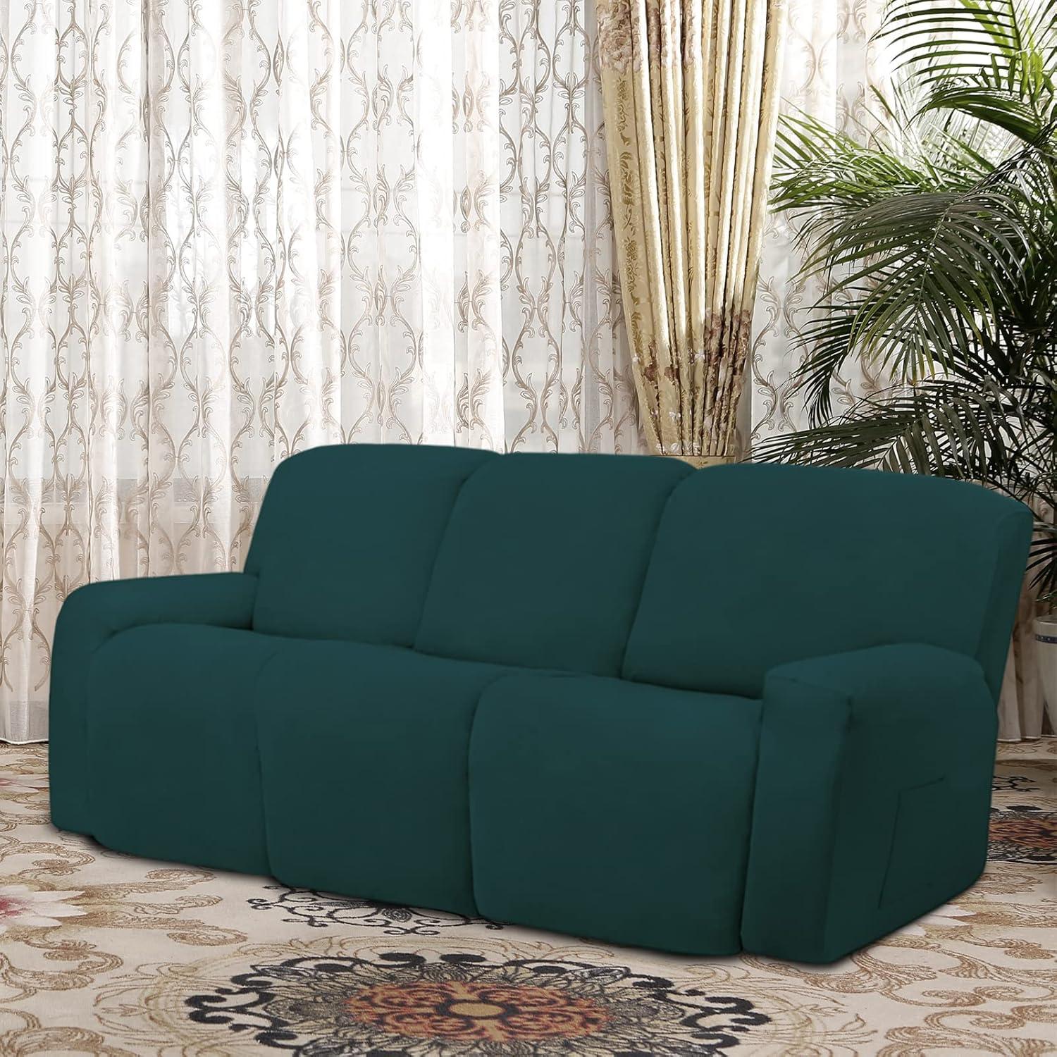 image:imageEasyGoing 8 Pieces Microfiber Stretch Sectional Recliner Sofa Slipcover Soft Fitted Fleece 3 Seats Couch Cover Washable Furniture Protector with Elasticity for Kids PetRecliner Sofa ChocolateDeep Teal