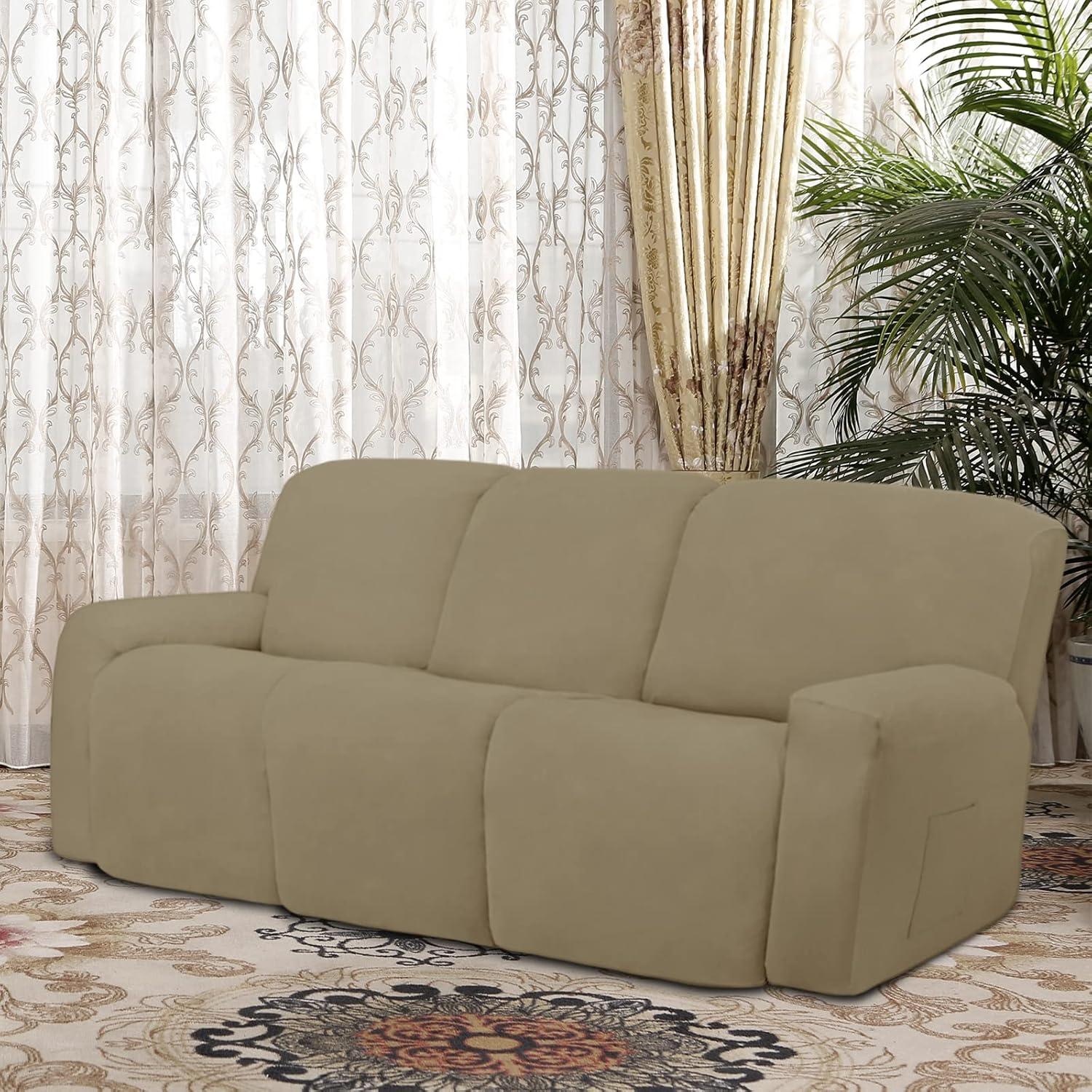 image:imageEasyGoing 8 Pieces Microfiber Stretch Sectional Recliner Sofa Slipcover Soft Fitted Fleece 3 Seats Couch Cover Washable Furniture Protector with Elasticity for Kids PetRecliner Sofa ChocolateDark Linen