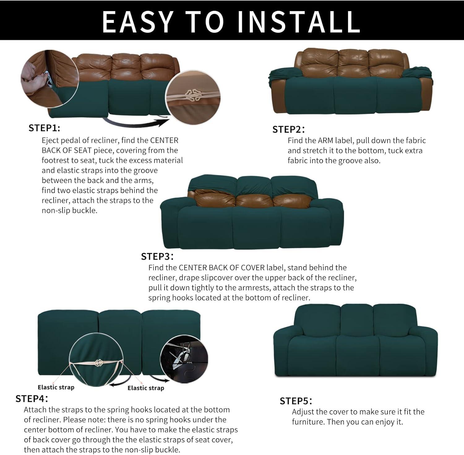 image:imageEasyGoing 8 Pieces Microfiber Stretch Sectional Recliner Sofa Slipcover Soft Fitted Fleece 3 Seats Couch Cover Washable Furniture Protector with Elasticity for Kids PetRecliner Sofa ChocolateDeep Teal