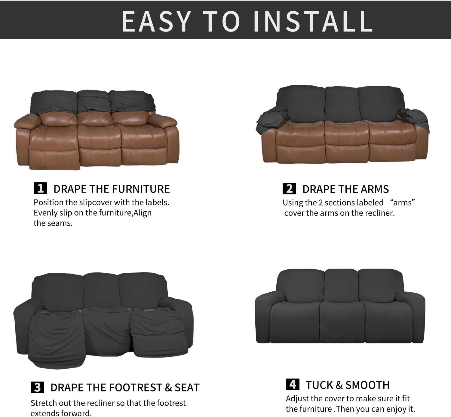image:imageEasyGoing 8 Pieces Microfiber Stretch Sectional Recliner Sofa Slipcover Soft Fitted Fleece 3 Seats Couch Cover Washable Furniture Protector with Elasticity for Kids PetRecliner Sofa ChocolateDark Gray