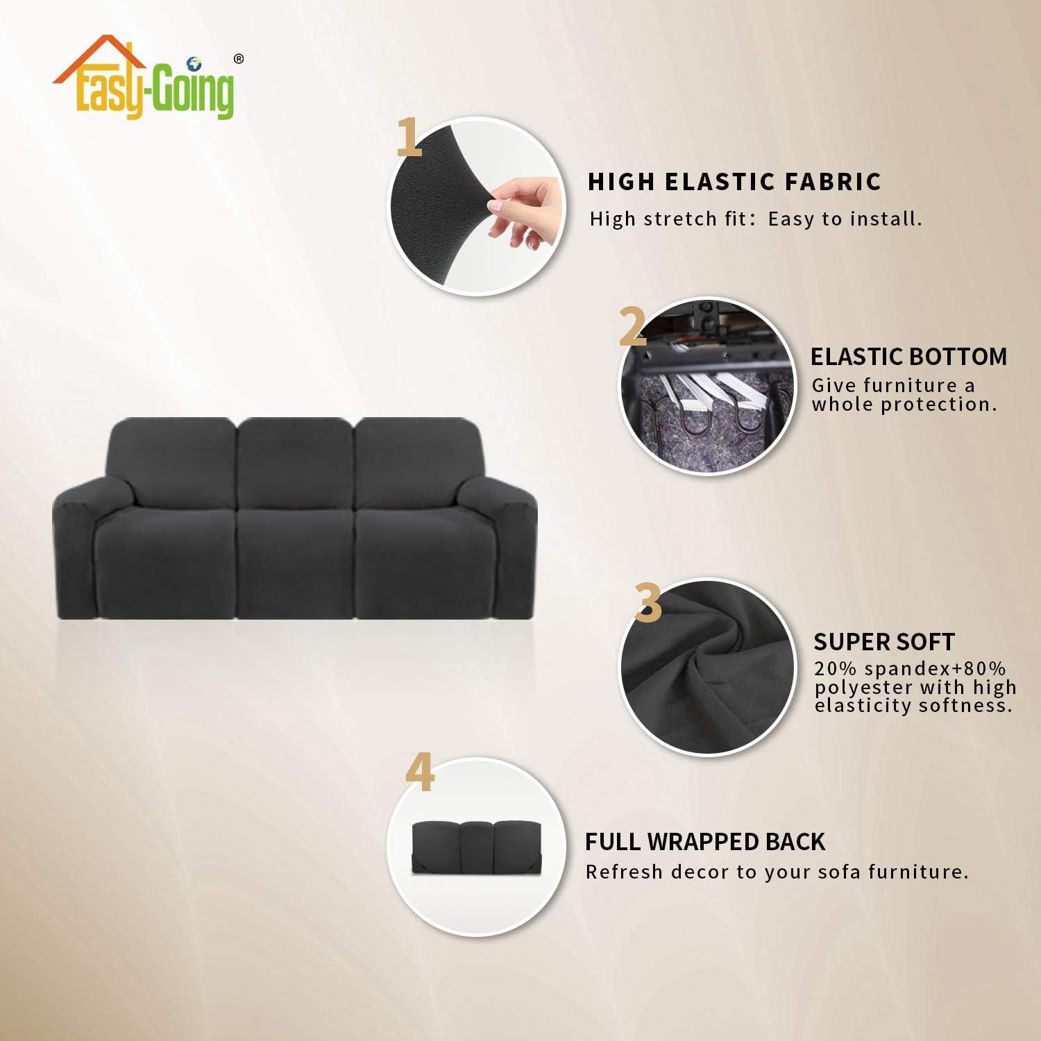 image:imageEasyGoing 8 Pieces Microfiber Stretch Sectional Recliner Sofa Slipcover Soft Fitted Fleece 3 Seats Couch Cover Washable Furniture Protector with Elasticity for Kids PetRecliner Sofa ChocolateDark Gray
