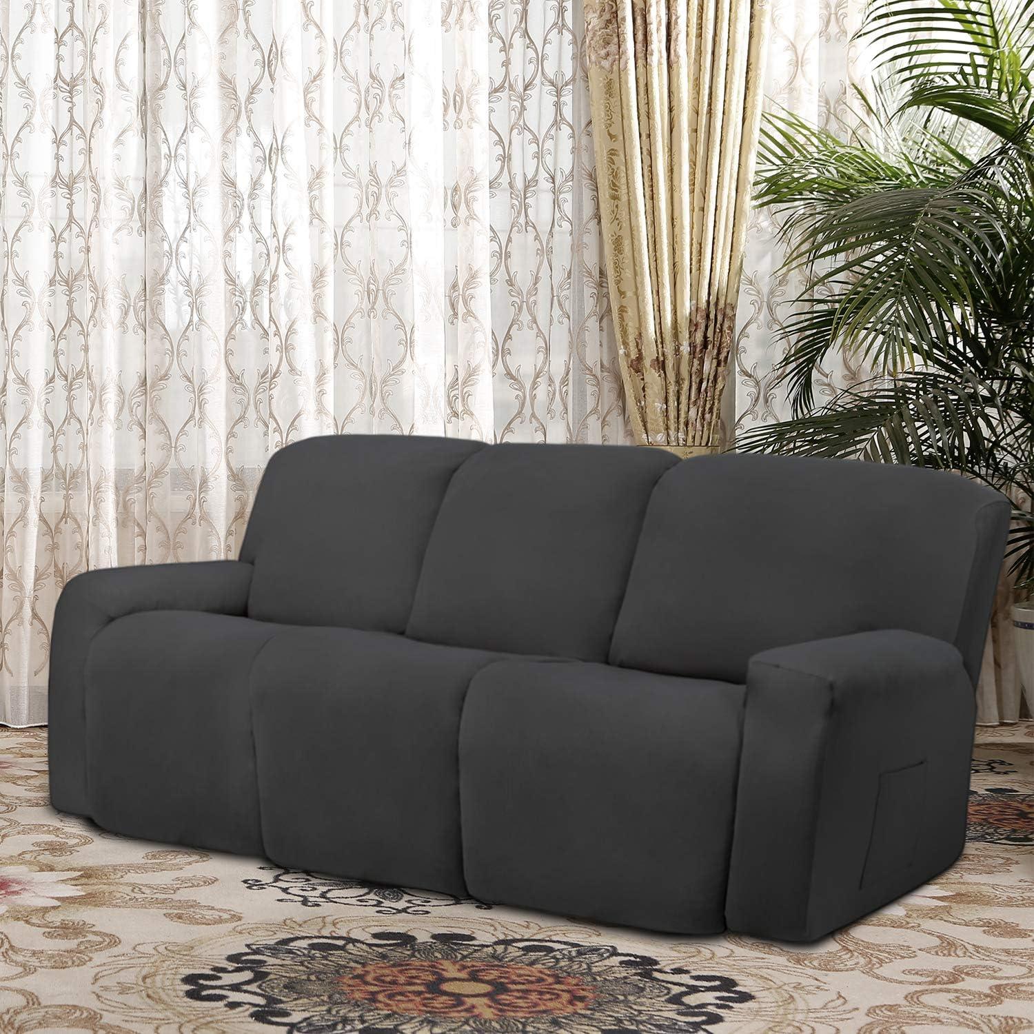 image:imageEasyGoing 8 Pieces Microfiber Stretch Sectional Recliner Sofa Slipcover Soft Fitted Fleece 3 Seats Couch Cover Washable Furniture Protector with Elasticity for Kids PetRecliner Sofa ChocolateDark Gray