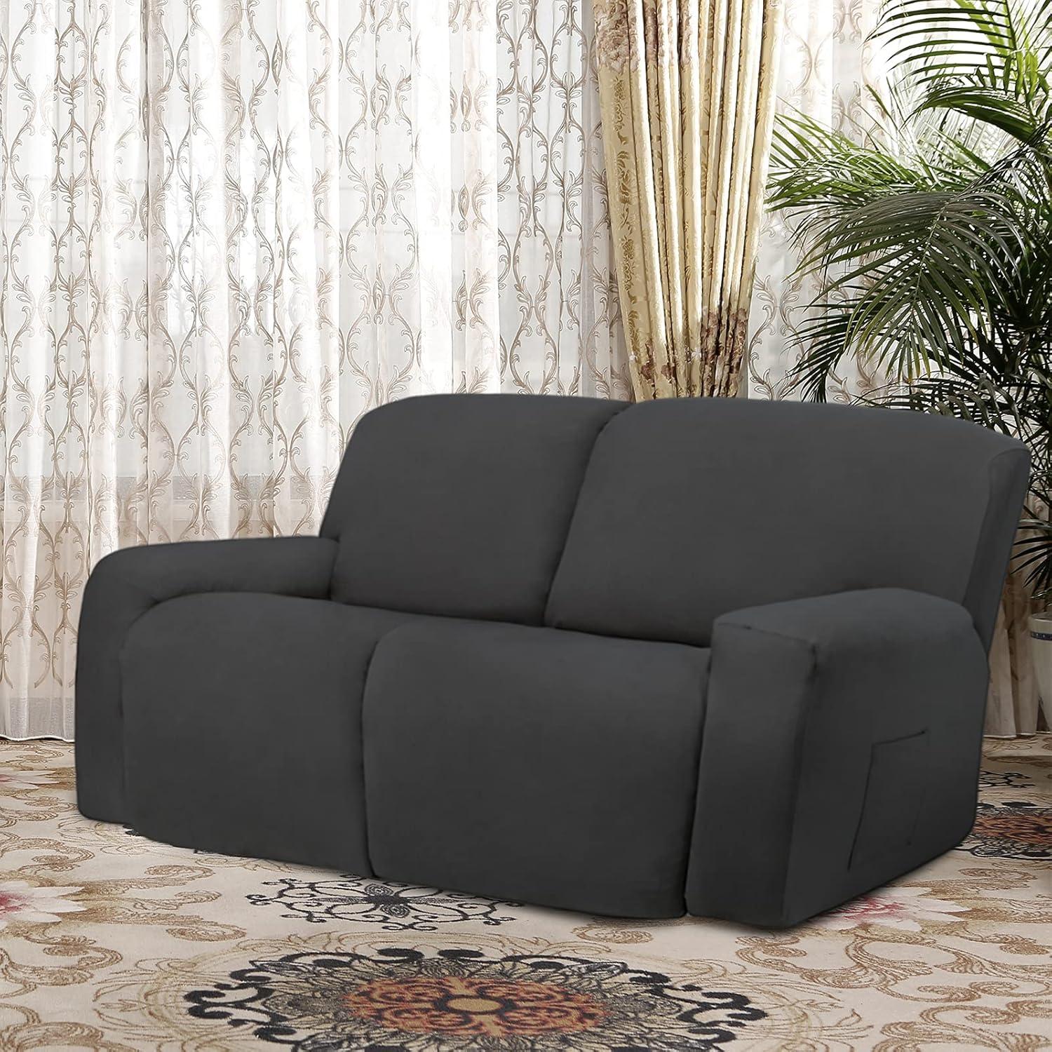 image:imageEasyGoing 8 Pieces Microfiber Stretch Sectional Recliner Sofa Slipcover Soft Fitted Fleece 3 Seats Couch Cover Washable Furniture Protector with Elasticity for Kids PetRecliner Sofa ChocolateDark Gray
