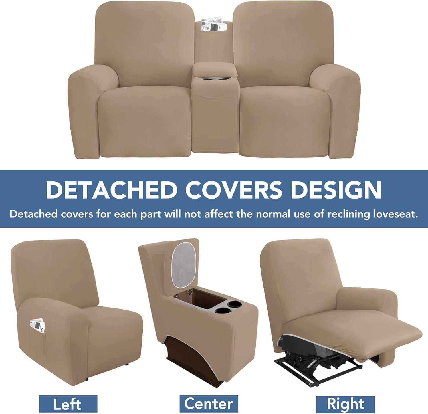 image:imageEasyGoing Stretch Recliner Loveseat Cover with Center Console Sofa Slipcover Soft Fitted Fleece 2 Seats Couch with Holder and Storage Washable Furniture Protector ChocolateCamel