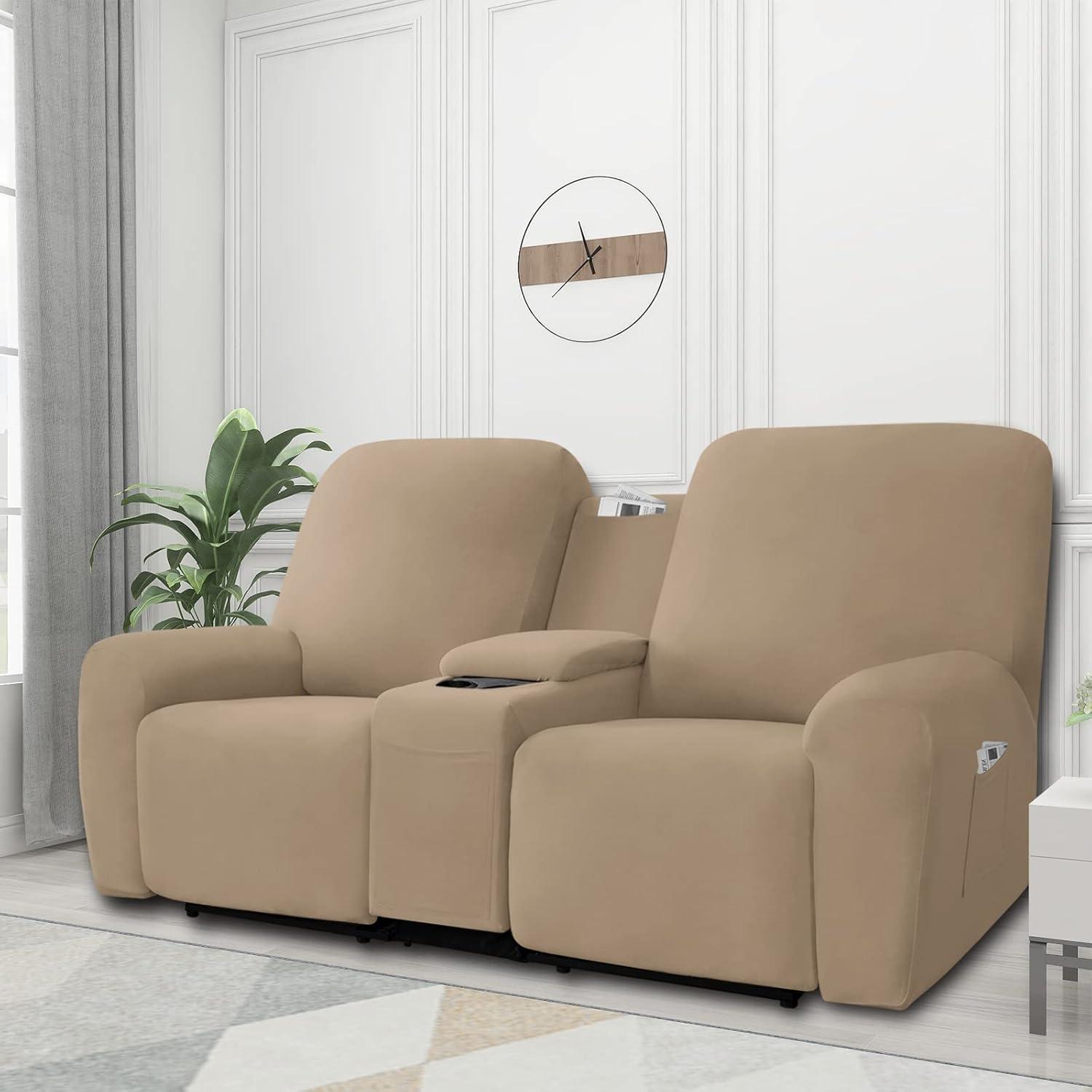 image:imageEasyGoing Stretch Recliner Loveseat Cover with Center Console Sofa Slipcover Soft Fitted Fleece 2 Seats Couch with Holder and Storage Washable Furniture Protector ChocolateCamel