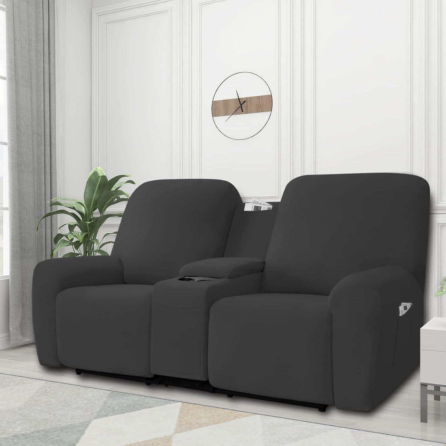 image:imageEasyGoing Stretch Recliner Loveseat Cover with Center Console Sofa Slipcover Soft Fitted Fleece 2 Seats Couch with Holder and Storage Washable Furniture Protector ChocolateDark Gray