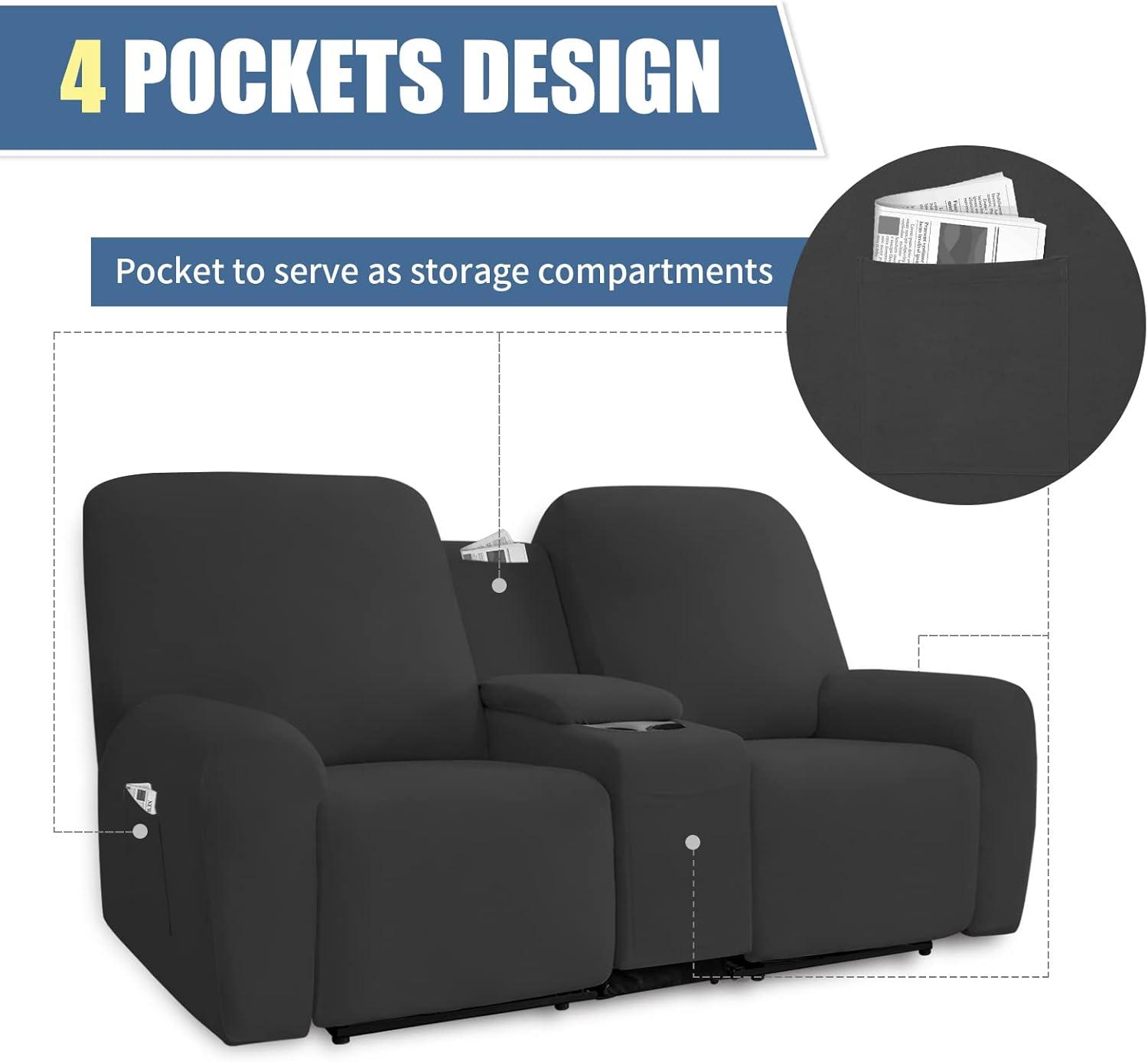 image:imageEasyGoing Stretch Recliner Loveseat Cover with Center Console Sofa Slipcover Soft Fitted Fleece 2 Seats Couch with Holder and Storage Washable Furniture Protector ChocolateDark Gray