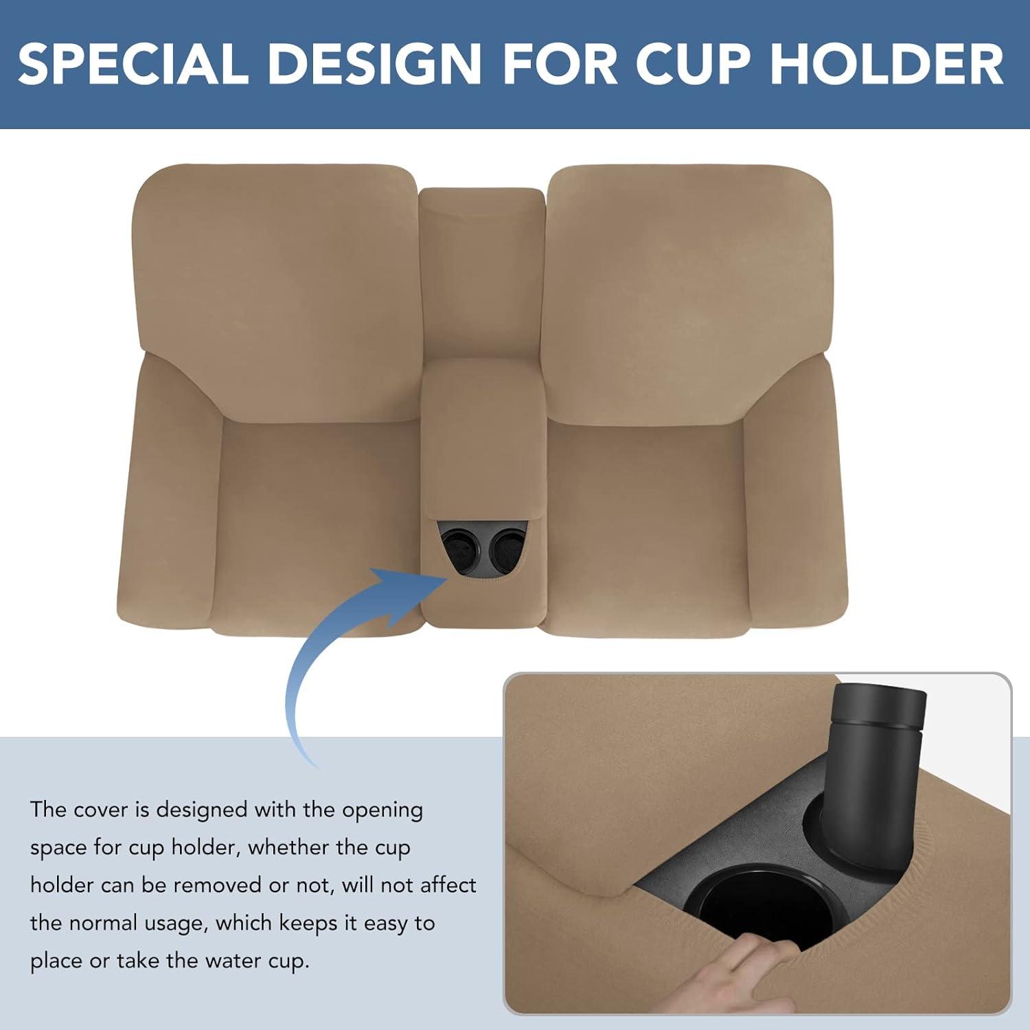image:imageEasyGoing Stretch Recliner Loveseat Cover with Center Console Sofa Slipcover Soft Fitted Fleece 2 Seats Couch with Holder and Storage Washable Furniture Protector ChocolateCamel