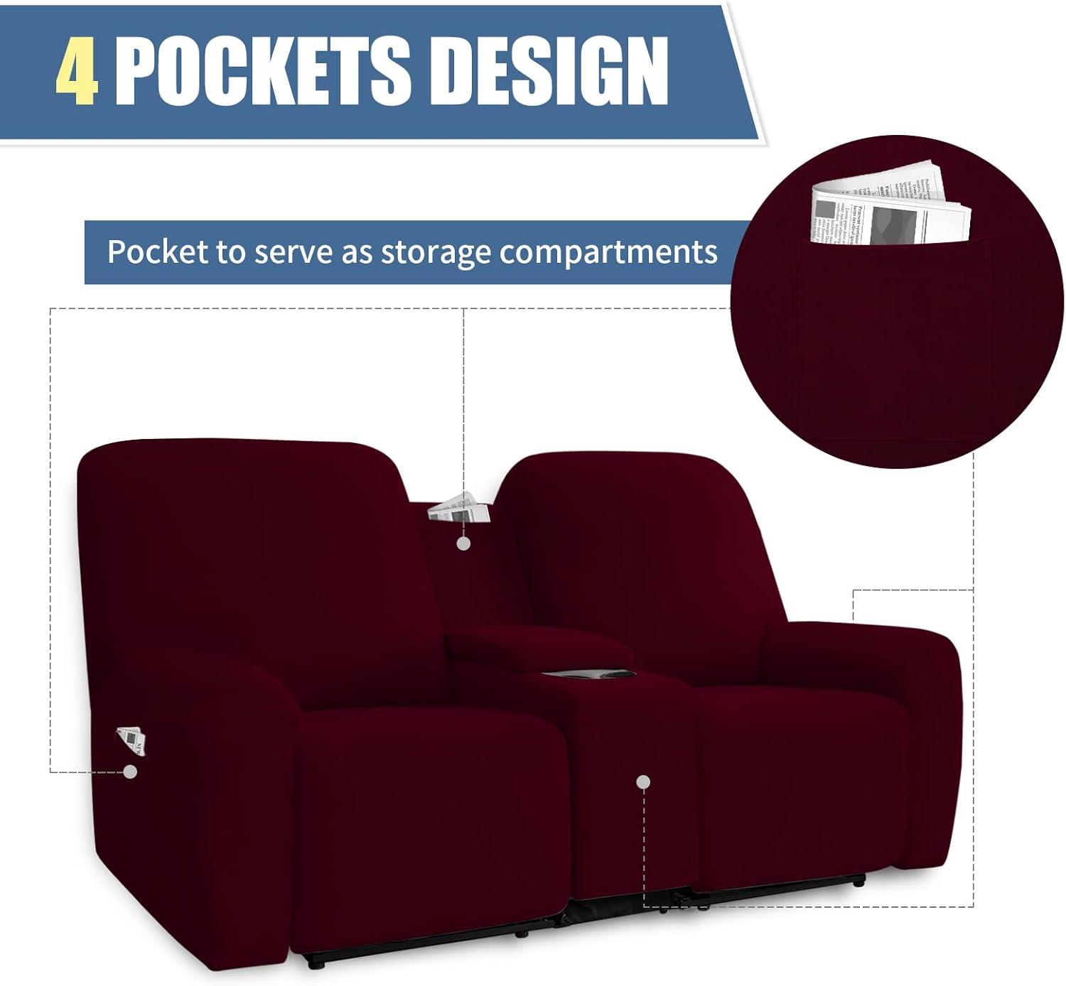 image:imageEasyGoing Stretch Recliner Loveseat Cover with Center Console Sofa Slipcover Soft Fitted Fleece 2 Seats Couch with Holder and Storage Washable Furniture Protector ChocolateWine