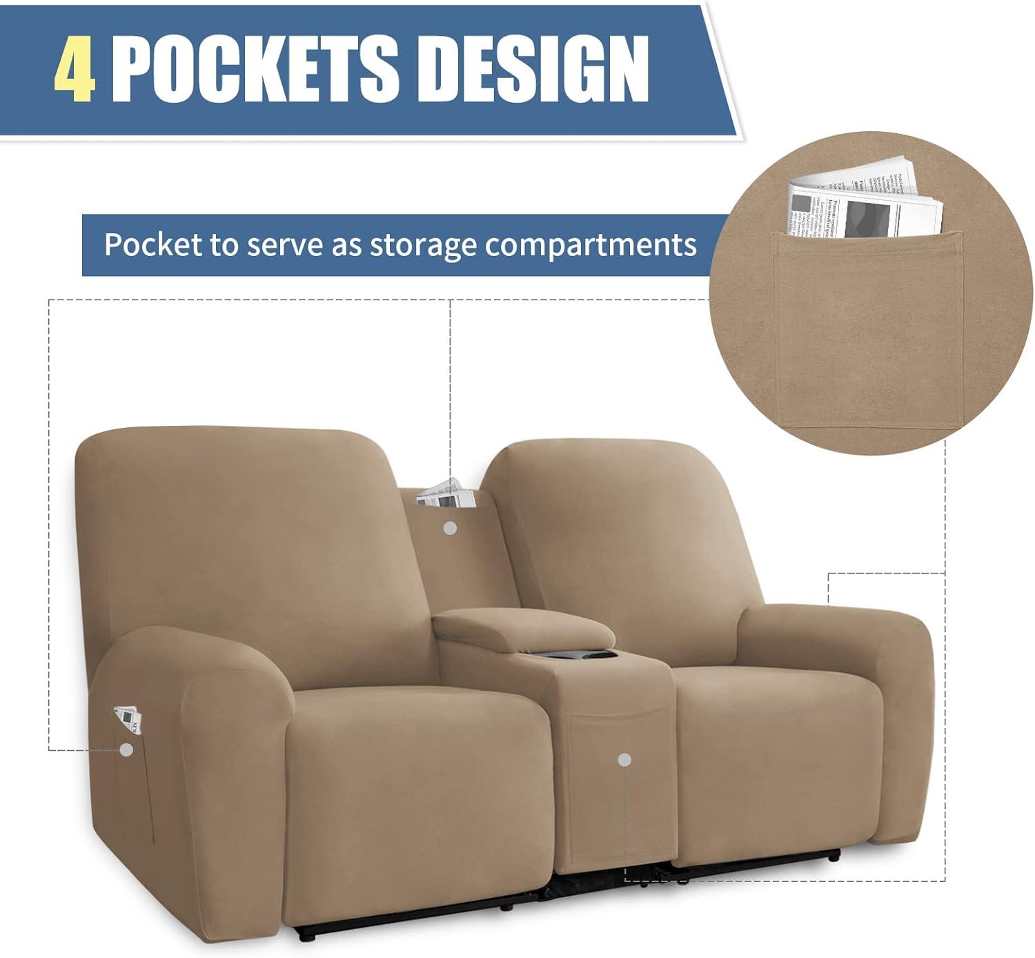 image:imageEasyGoing Stretch Recliner Loveseat Cover with Center Console Sofa Slipcover Soft Fitted Fleece 2 Seats Couch with Holder and Storage Washable Furniture Protector ChocolateCamel