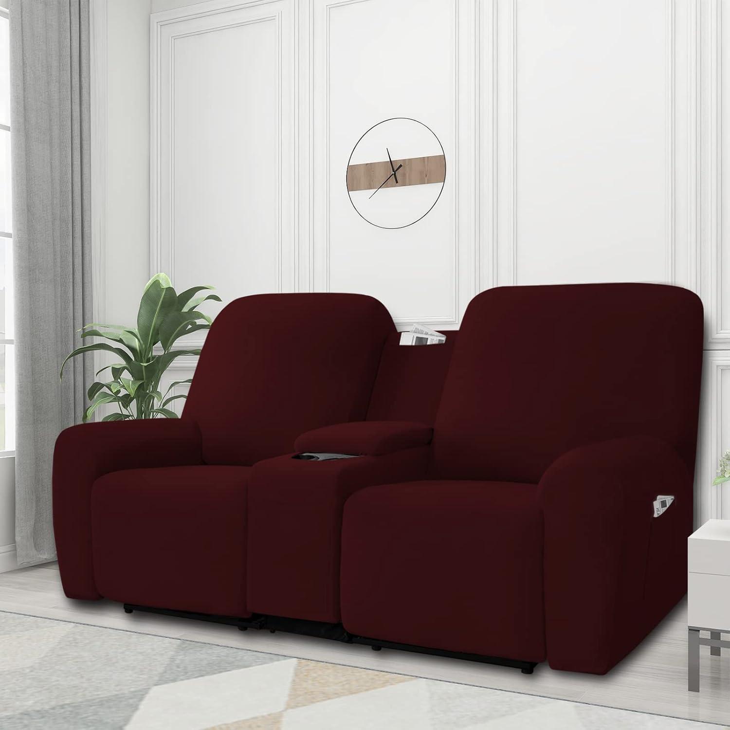 image:imageEasyGoing Stretch Recliner Loveseat Cover with Center Console Sofa Slipcover Soft Fitted Fleece 2 Seats Couch with Holder and Storage Washable Furniture Protector ChocolateWine