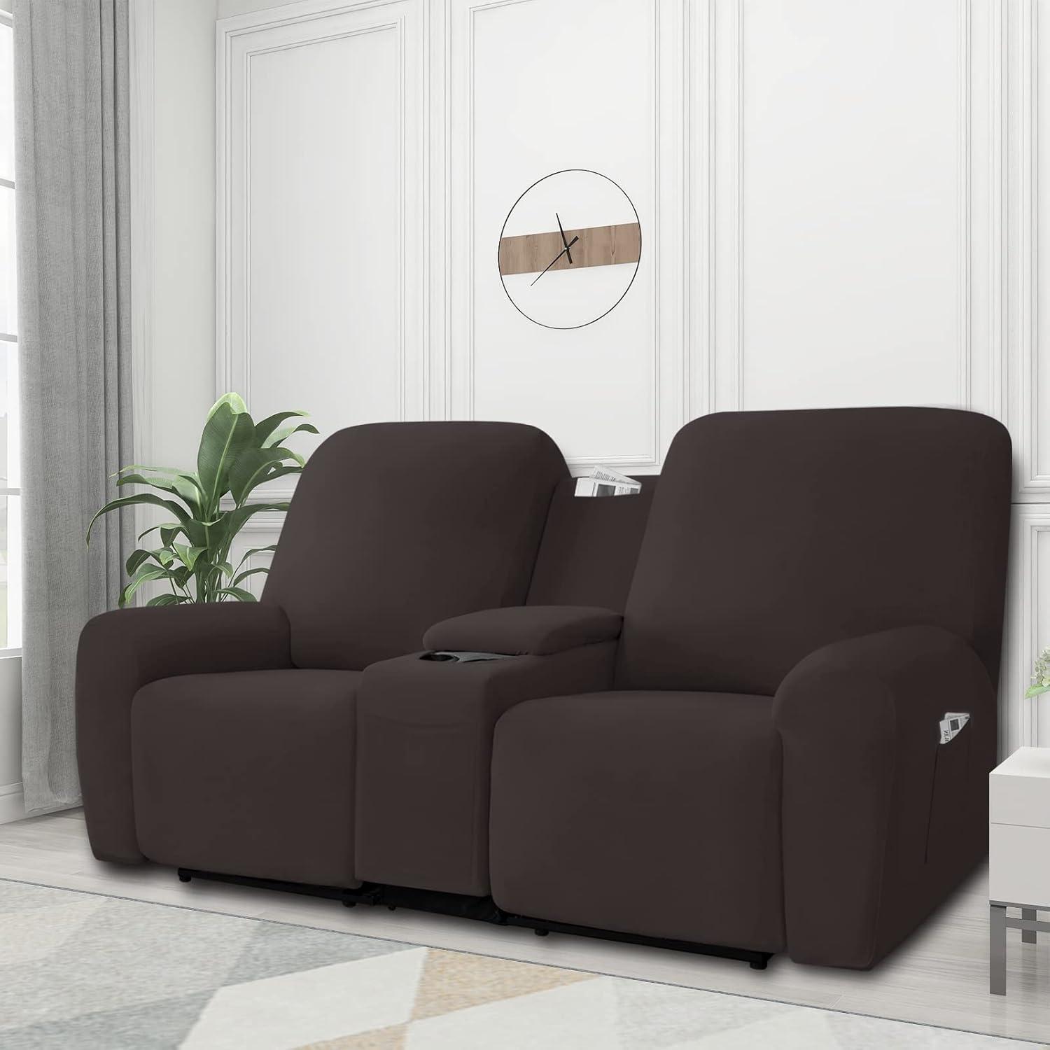 image:imageEasyGoing Stretch Recliner Loveseat Cover with Center Console Sofa Slipcover Soft Fitted Fleece 2 Seats Couch with Holder and Storage Washable Furniture Protector ChocolateChocolate