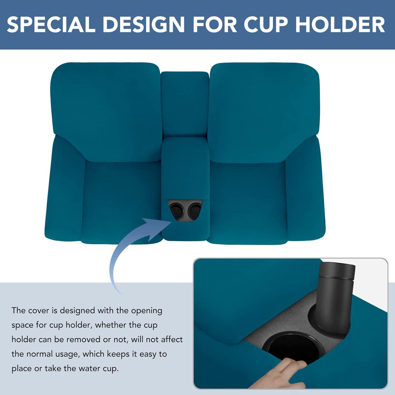 image:imageEasyGoing Stretch Recliner Loveseat Cover with Center Console Sofa Slipcover Soft Fitted Fleece 2 Seats Couch with Holder and Storage Washable Furniture Protector ChocolatePeacock Blue