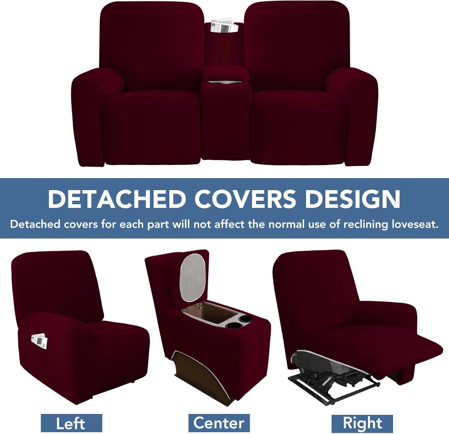 image:imageEasyGoing Stretch Recliner Loveseat Cover with Center Console Sofa Slipcover Soft Fitted Fleece 2 Seats Couch with Holder and Storage Washable Furniture Protector ChocolateWine