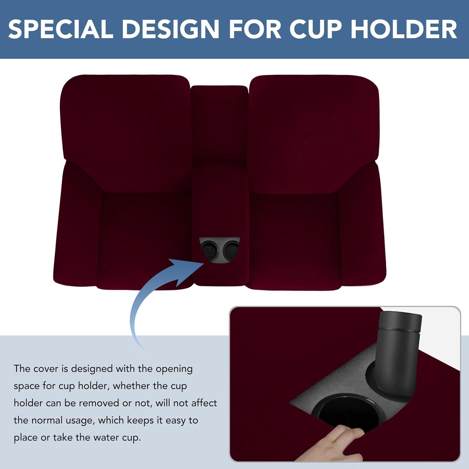 image:imageEasyGoing Stretch Recliner Loveseat Cover with Center Console Sofa Slipcover Soft Fitted Fleece 2 Seats Couch with Holder and Storage Washable Furniture Protector ChocolateWine