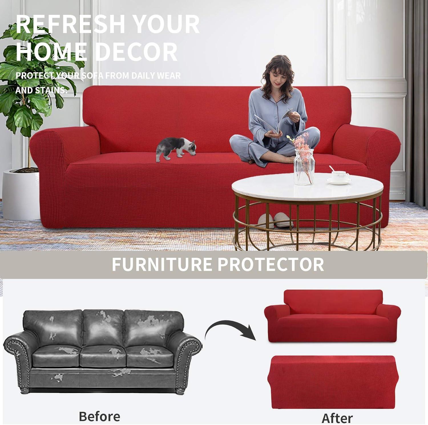 image:imageEasyGoing Stretch Sofa Slipcover 1Piece Sofa Cover Furniture Protector Couch Soft with Elastic Bottom for Kids Polyester Spandex Jacquard Fabric Small Checks Sofa Dark GrayChristmas Red