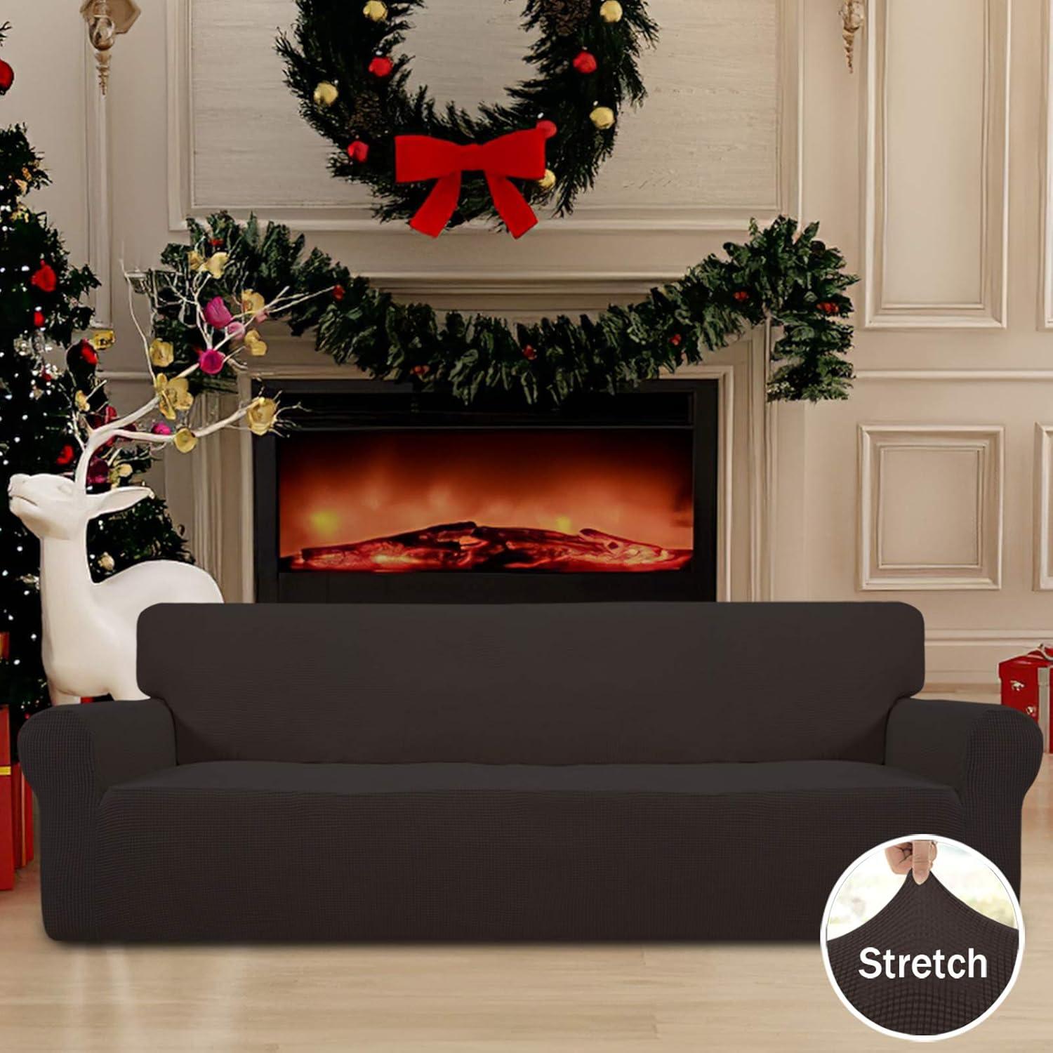 image:imageEasyGoing Stretch Sofa Slipcover 1Piece Sofa Cover Furniture Protector Couch Soft with Elastic Bottom for Kids Polyester Spandex Jacquard Fabric Small Checks Sofa Dark GrayChocolate