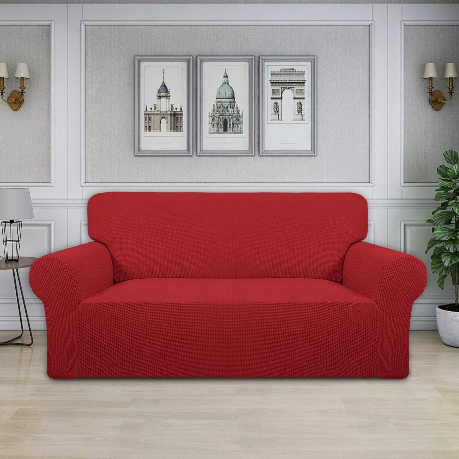 image:imageEasyGoing Stretch Sofa Slipcover 1Piece Sofa Cover Furniture Protector Couch Soft with Elastic Bottom for Kids Polyester Spandex Jacquard Fabric Small Checks Sofa Dark GrayChristmas Red