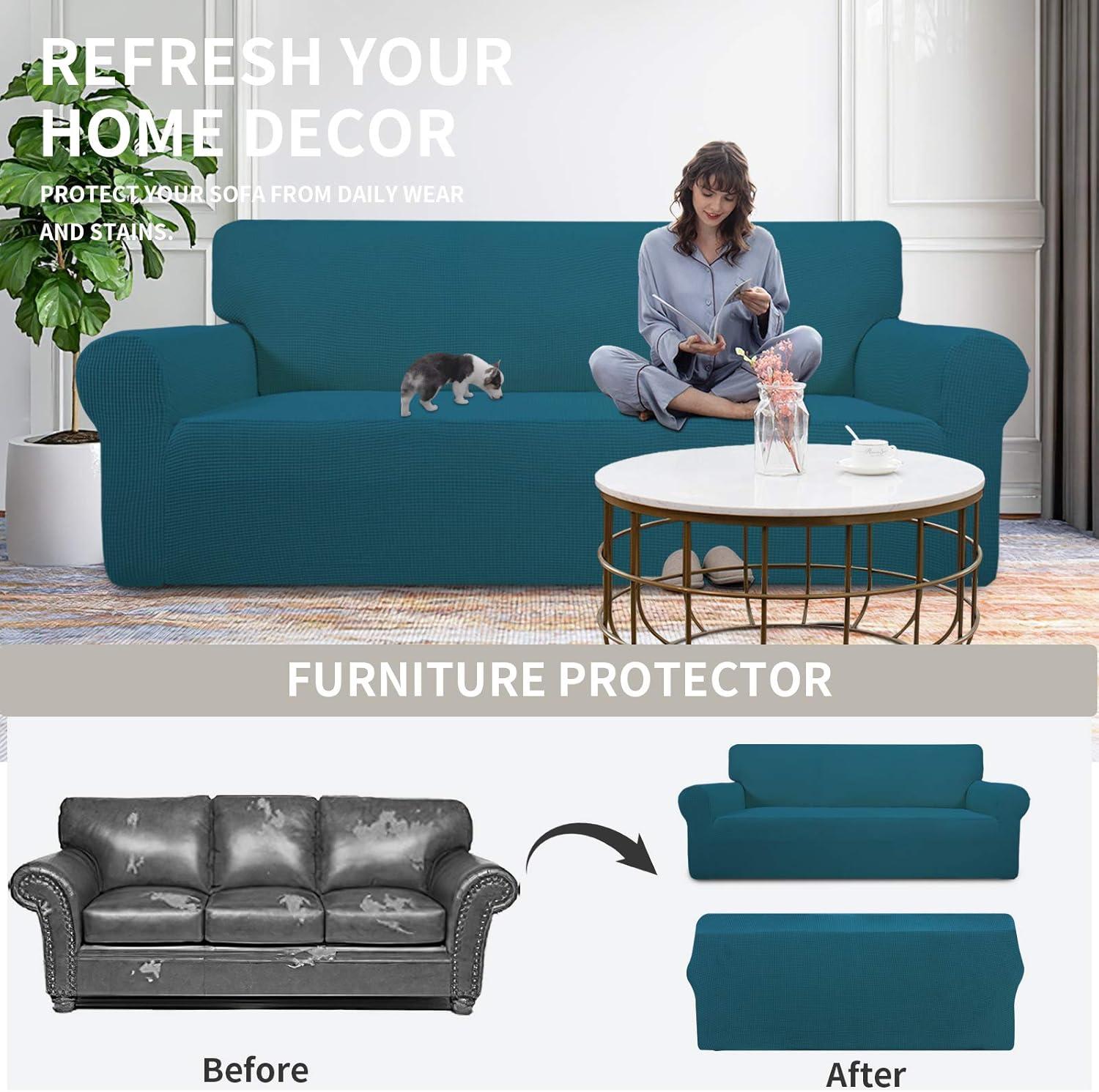 image:imageEasyGoing Stretch Sofa Slipcover 1Piece Sofa Cover Furniture Protector Couch Soft with Elastic Bottom for Kids Polyester Spandex Jacquard Fabric Small Checks Sofa Dark GrayPeacock Blue