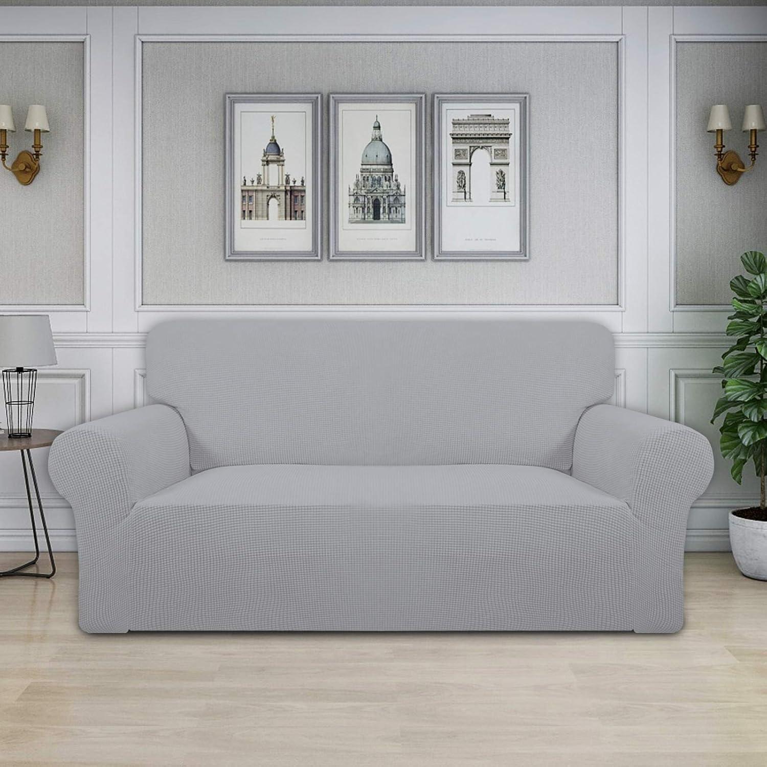 image:imageEasyGoing Stretch Sofa Slipcover 1Piece Sofa Cover Furniture Protector Couch Soft with Elastic Bottom for Kids Polyester Spandex Jacquard Fabric Small Checks Sofa Dark GraySilver Gray