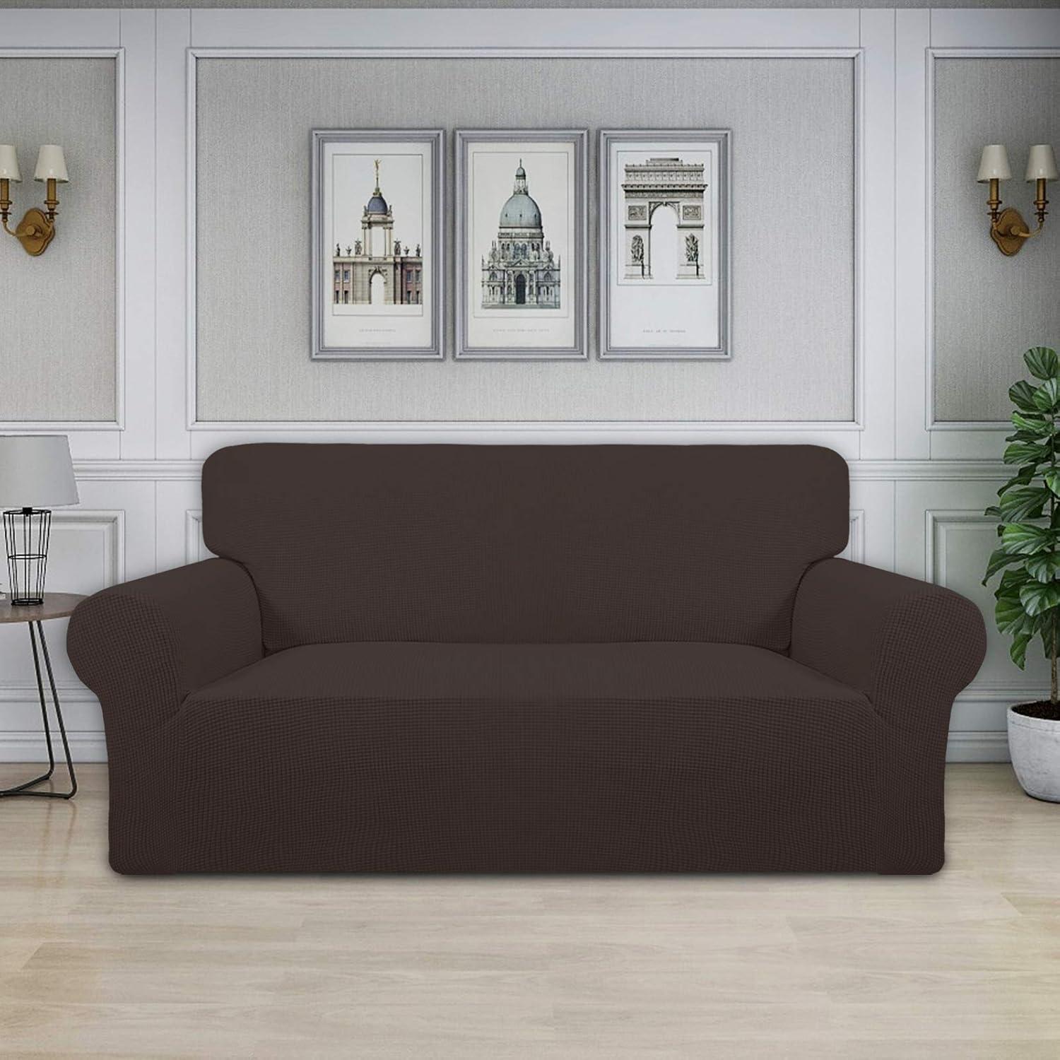 image:imageEasyGoing Stretch Sofa Slipcover 1Piece Sofa Cover Furniture Protector Couch Soft with Elastic Bottom for Kids Polyester Spandex Jacquard Fabric Small Checks Sofa Dark GrayChocolate