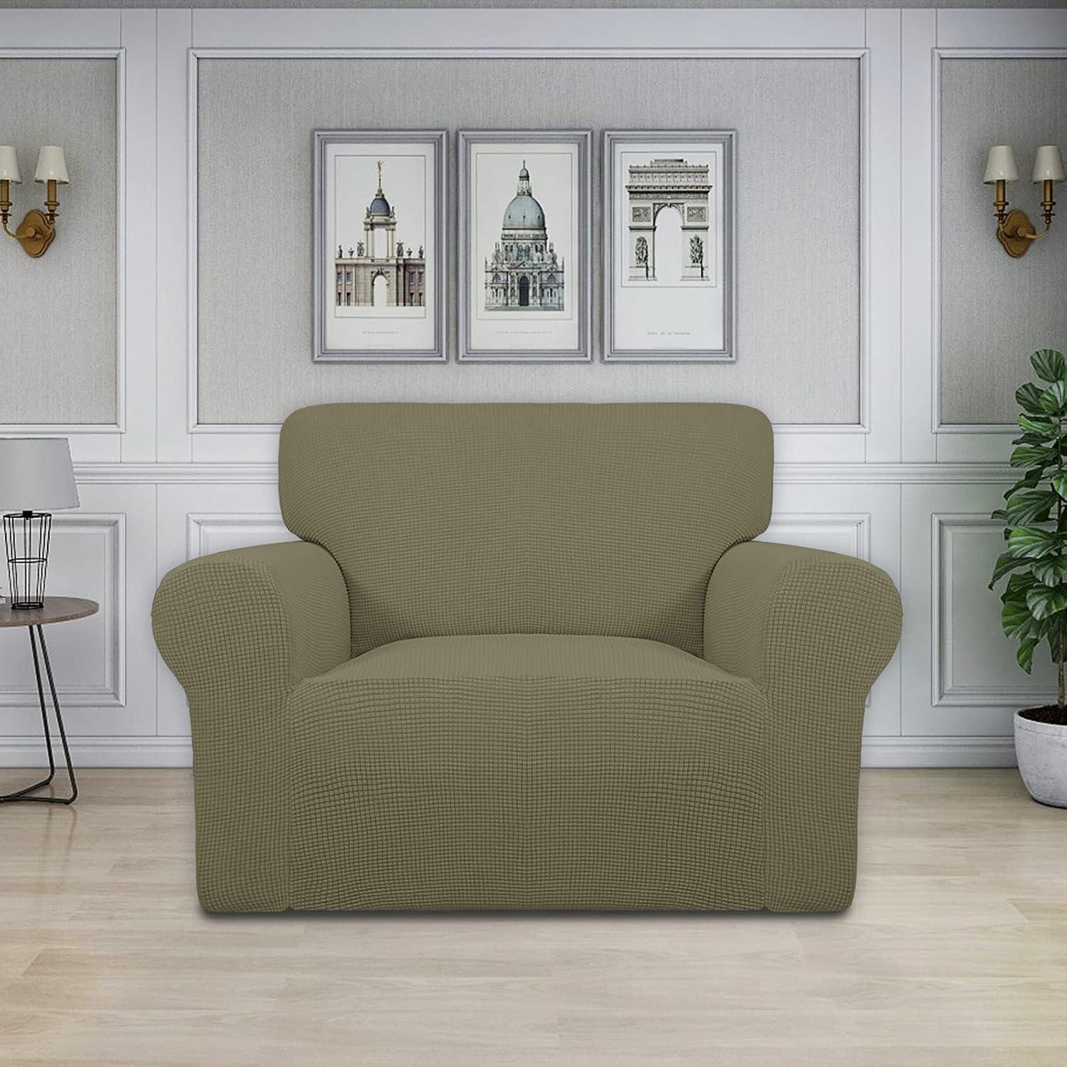 image:imageEasyGoing Stretch Sofa Slipcover 1Piece Sofa Cover Furniture Protector Couch Soft with Elastic Bottom for Kids Polyester Spandex Jacquard Fabric Small Checks Sofa Dark GrayKhaki